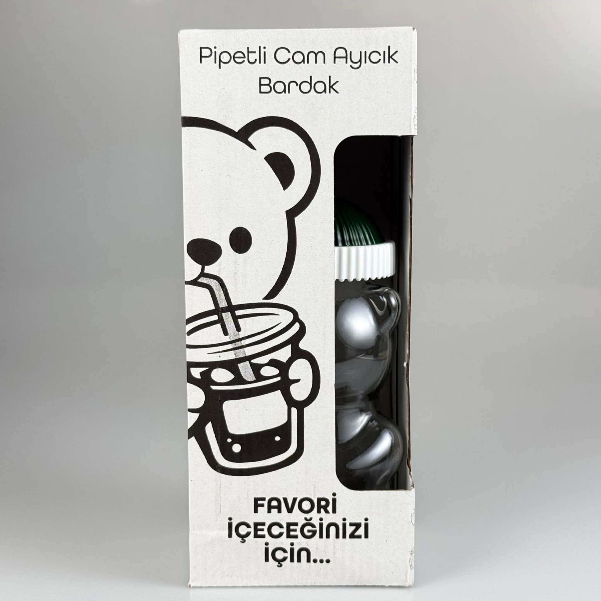 500 CC PİPETLİ CAM AYICIK BARDAK - YEŞİL KAPAKLI + FIRÇALI PASLANMAZ ÇELİK GÜMÜŞ PİPETLİ TAKIM - 500 ML AYICIK FİGÜRLÜ PİPETLİ CAM SU , SOĞUK KAHVE ,  MEYVE SUYU ,  MEŞRUBAT BARDAĞI VB - HEDİYELİK BARDAK