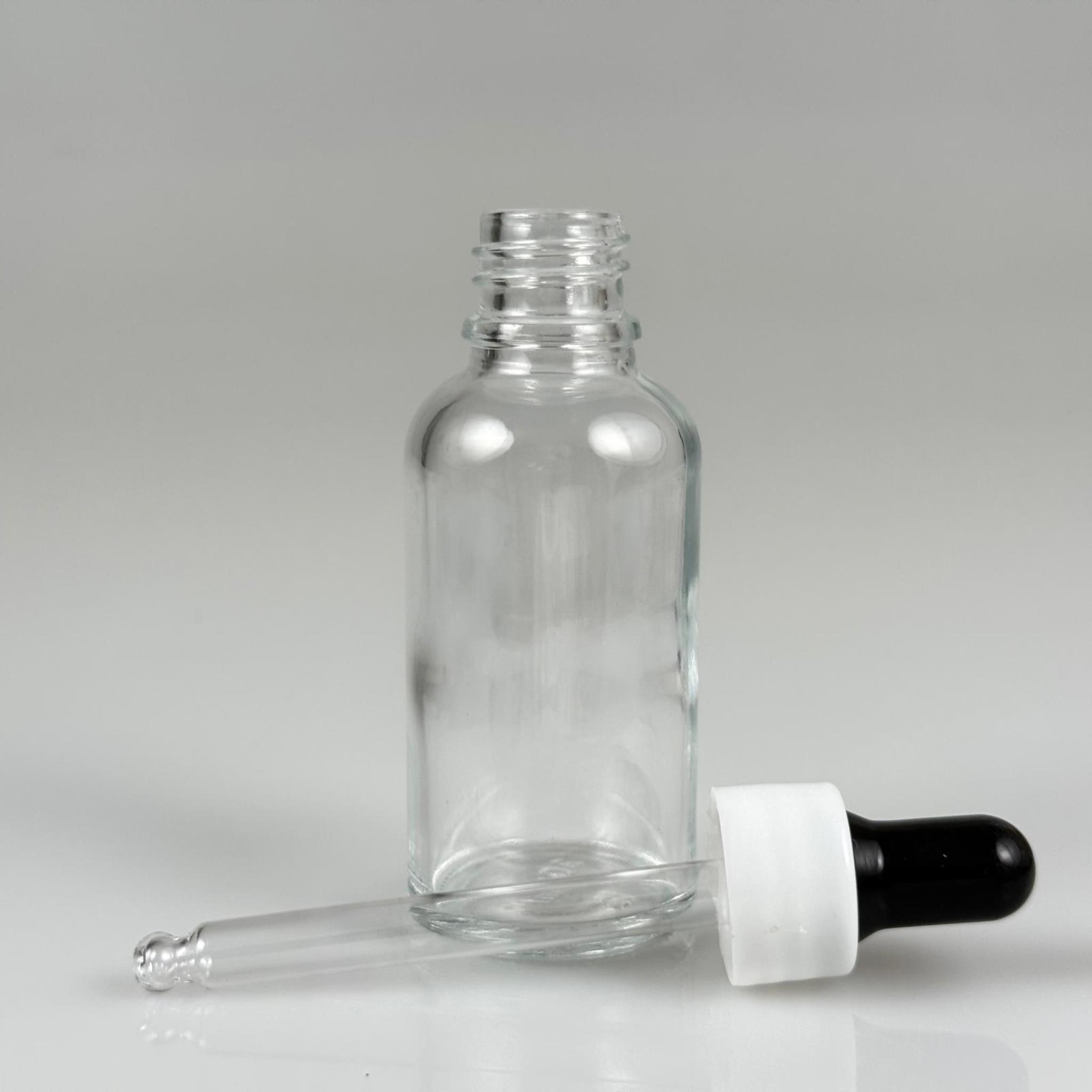 30 CC ŞEFFAF CAM DAMLALIKLI ŞİŞE - SİYAH EMZİK + BEYAZ DÜZ KAPAK + CAM PİPET TAKIM - 30 ML DAMLALIKLI ŞİŞE SETİ