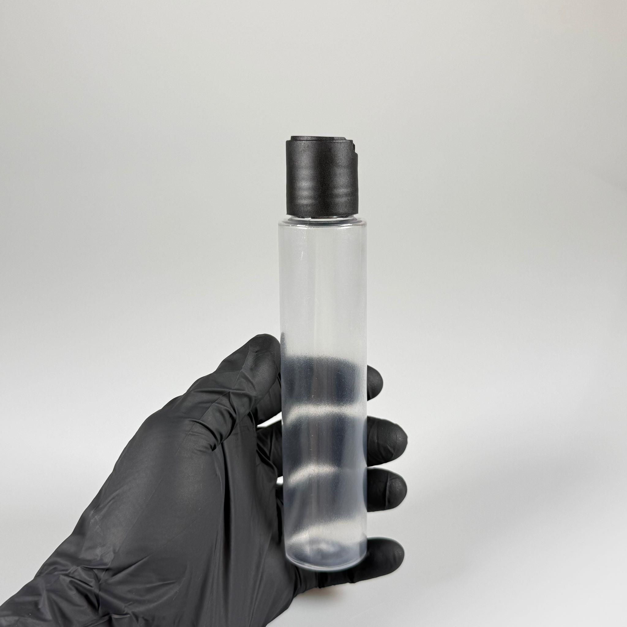 100 CC UZUN SİLİNDİR BUĞULU PET ŞİŞE (24 GR)  - SİYAH DİSKTOP AKITICI ŞAMPUAN KAPAKLI - 100 ML BİBERİYE SUYU, LAVANTA YAĞI, SAÇ SERUM, TONİK VB İÇİN PLASTİK KOZMETİK AMBALAJLARI