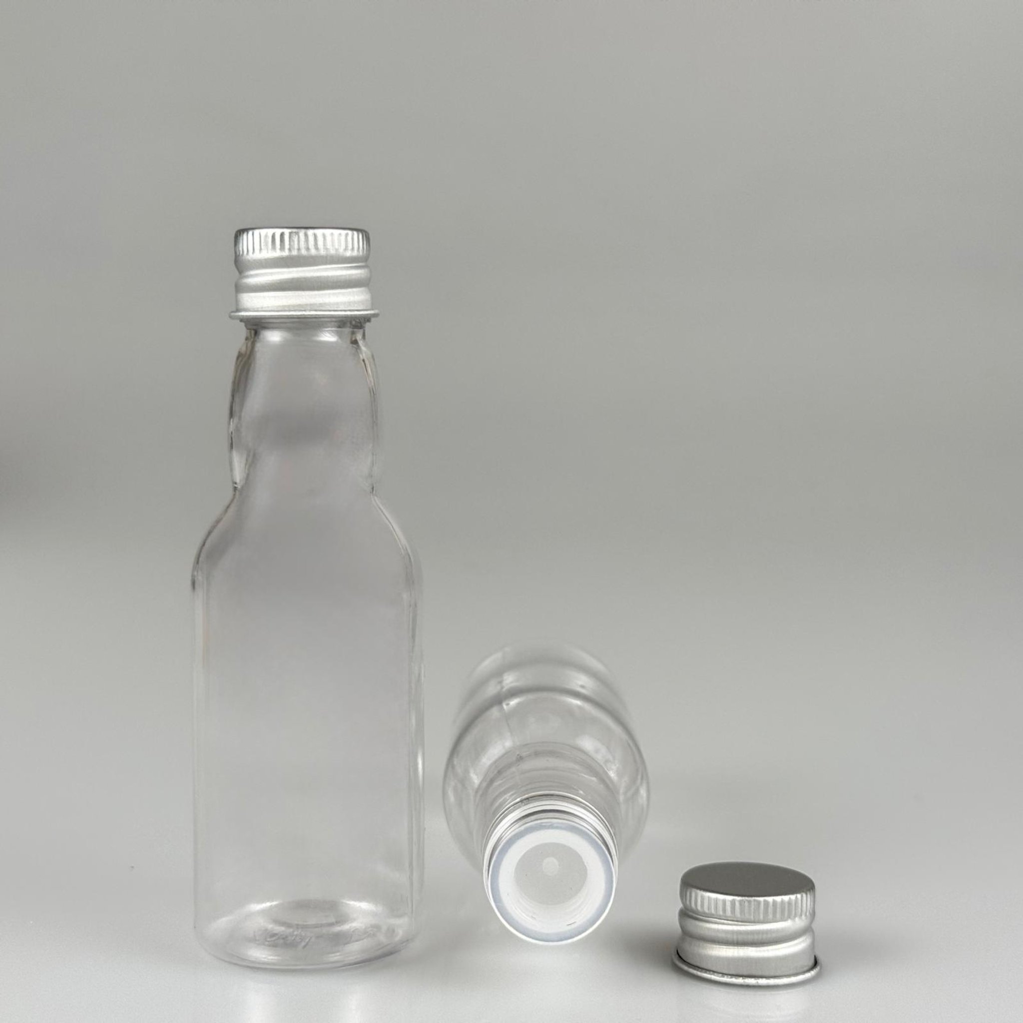 40 CC ŞEFFAF UZUN BOĞAZLI PET ŞİŞE + KÖPÜK CONTALI GÜMÜŞ ALÜMİNYUM METAL KAPAKLI + KÖR TIPALI TAKIM - 40 ML BOĞAZLI PET ŞİŞE