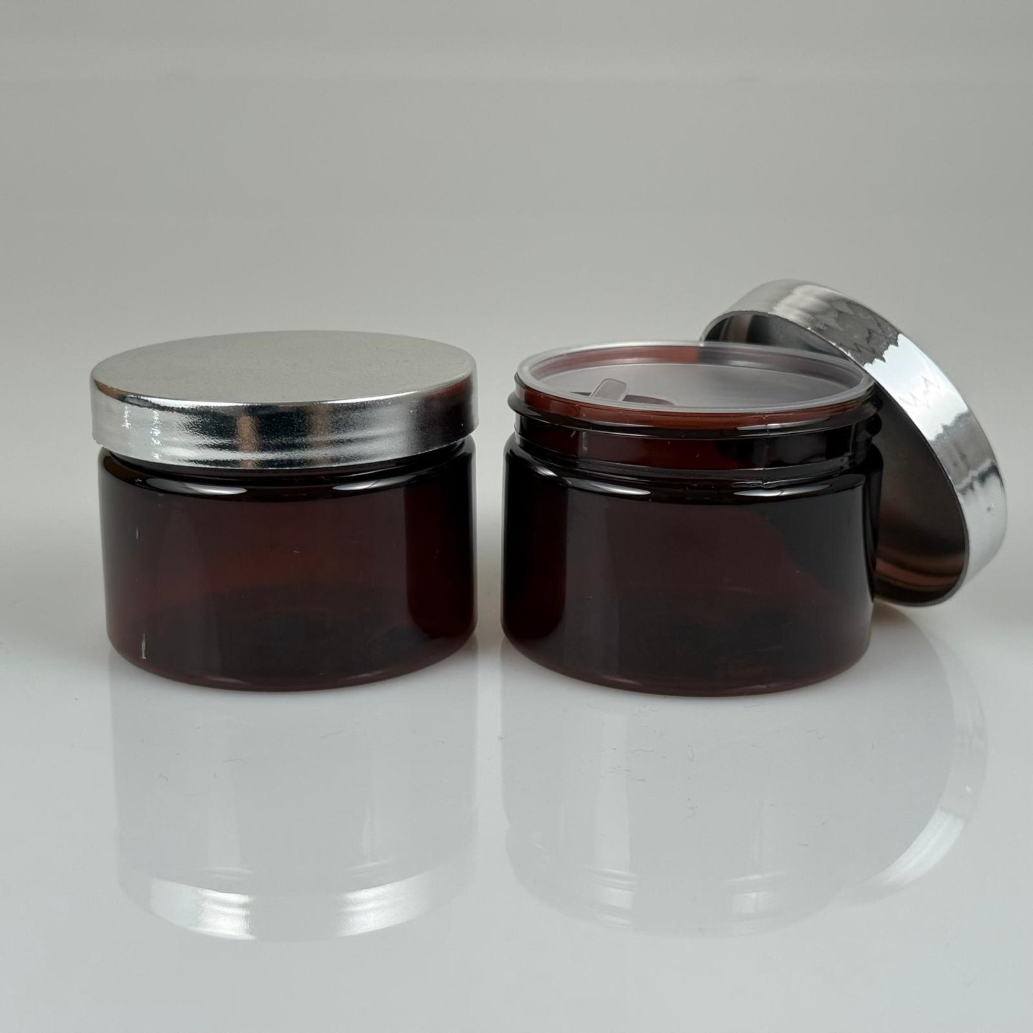 150 ML SERT PET KAVANOZ + GÜMÜŞ KAPLAMALI PLASTİK KAPAK + İÇ TIPA - 150 CC KALIN AMBER PLASTİK KAVANOZ GÜMÜŞ KAPLAMALI PLASTİK KAPAKLI İÇ TIPALI TAKIM - KREM KAVANOZLARI
