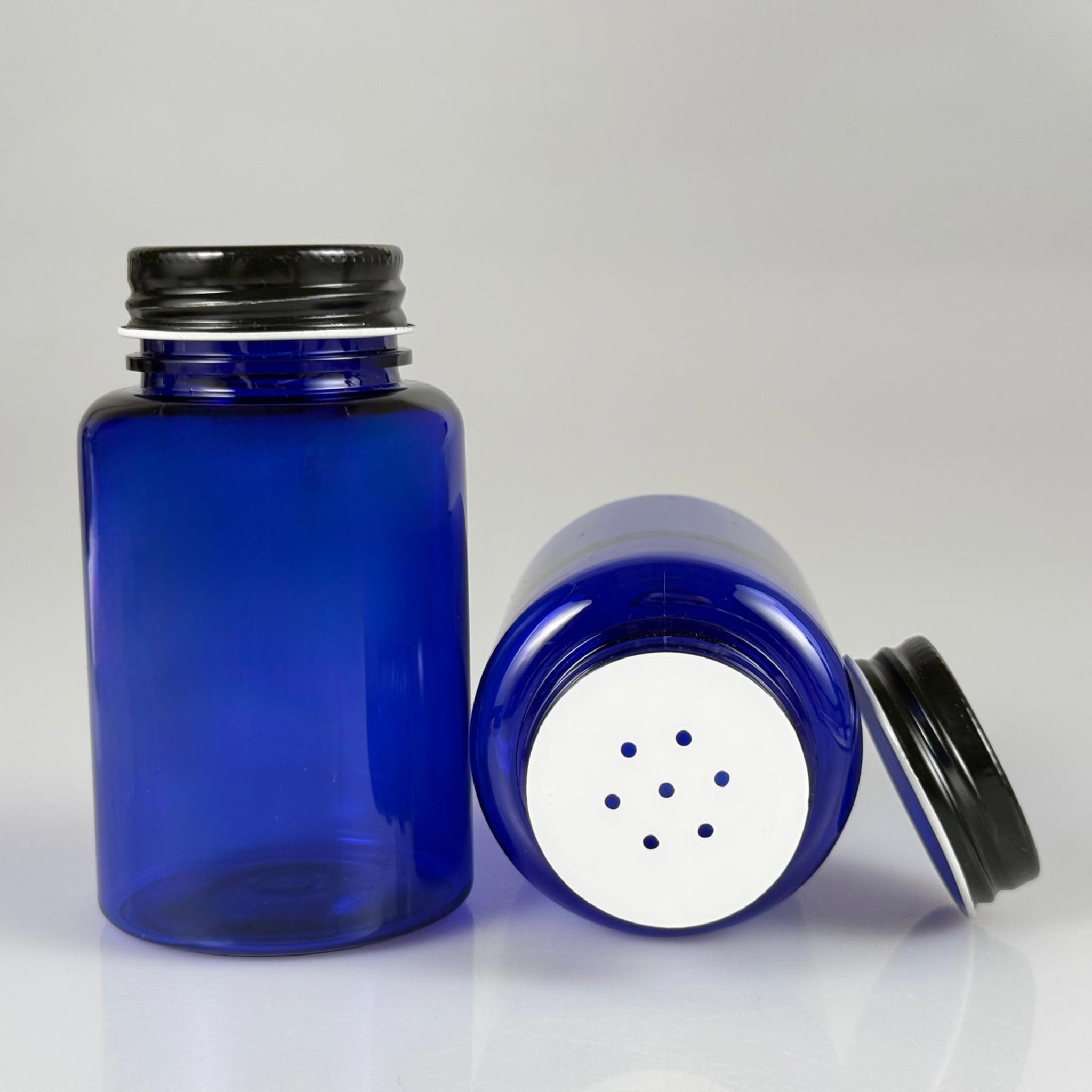150 CC MAVİ PET PUDRA ŞİŞESİ + KÖPÜK CONTALI SİYAH METAL KAPAKLI + PUDRA TIPALI TAKIM - 150 ML PUDRA KUTUSU, EKO TUZLUK