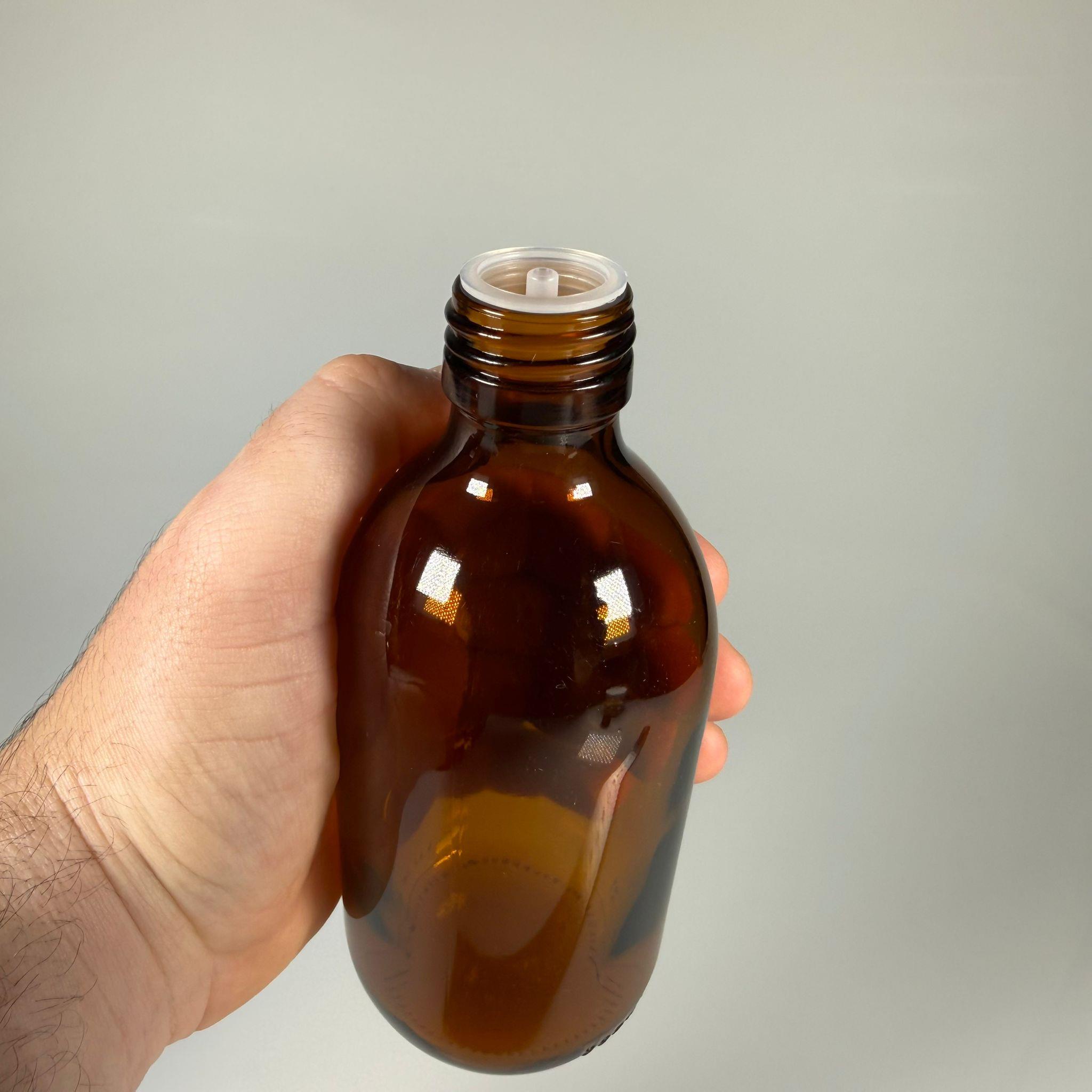 300 ML DOLUMU KOLAY, GENİŞ AĞIZLI İÇTEN DAMLALIKLI ŞİŞE (28 MM AĞIZ)  - 300 CC SİYAH CONTALI KAPAKLI İÇTEN DAMLALIKLI CAM ECZA ŞİŞESİ - AMBER KAHVERENGİ