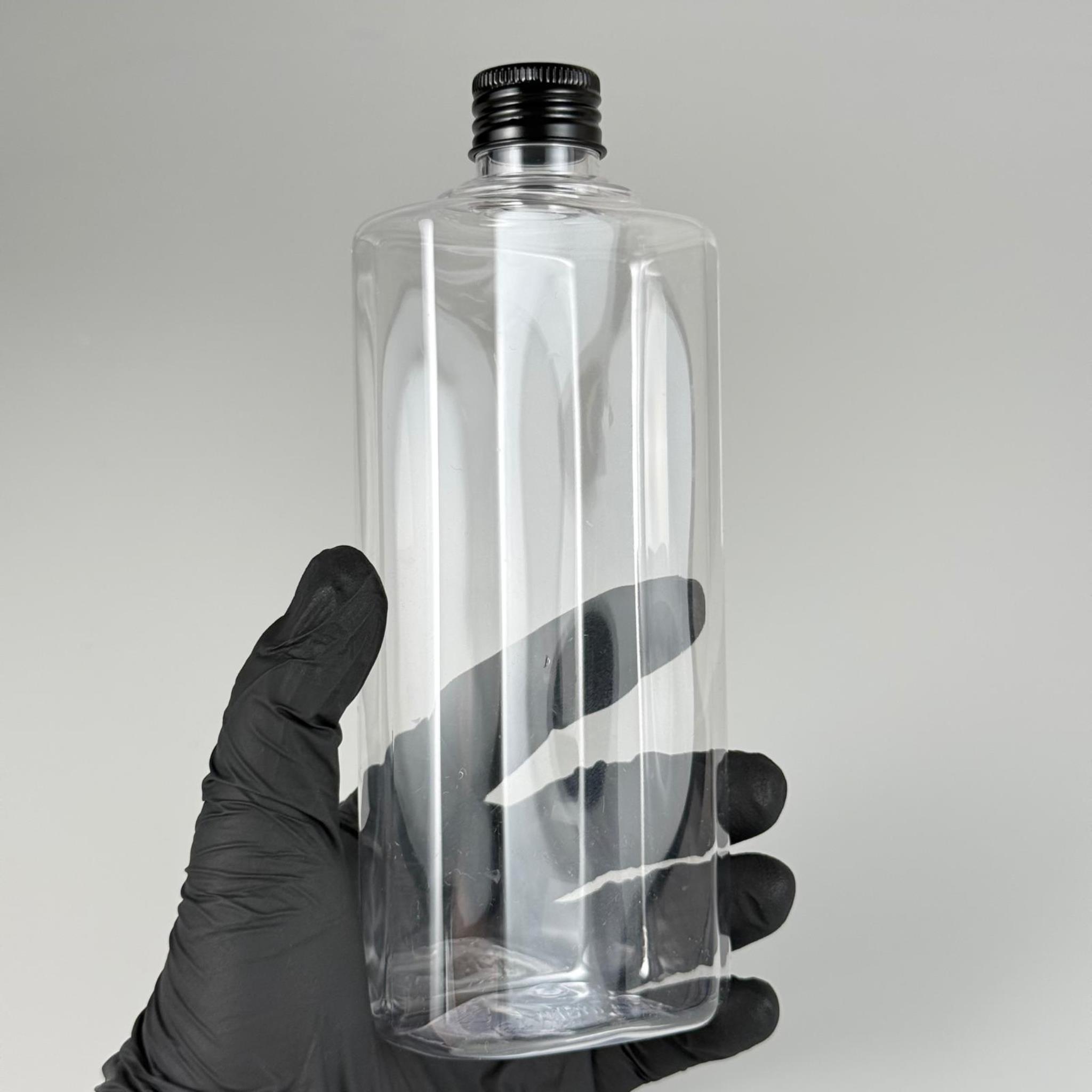 400 CC YASSI MODEL ŞEFFAF PET ŞİŞE (24 AĞIZ) + KÖPÜK CONTALI SİYAH METAL ALÜMİNYUM KAPAKLI + KOLONYA TIPALI TAKIM - 400 ML KAPAKLI PLASTİK ŞİŞELER