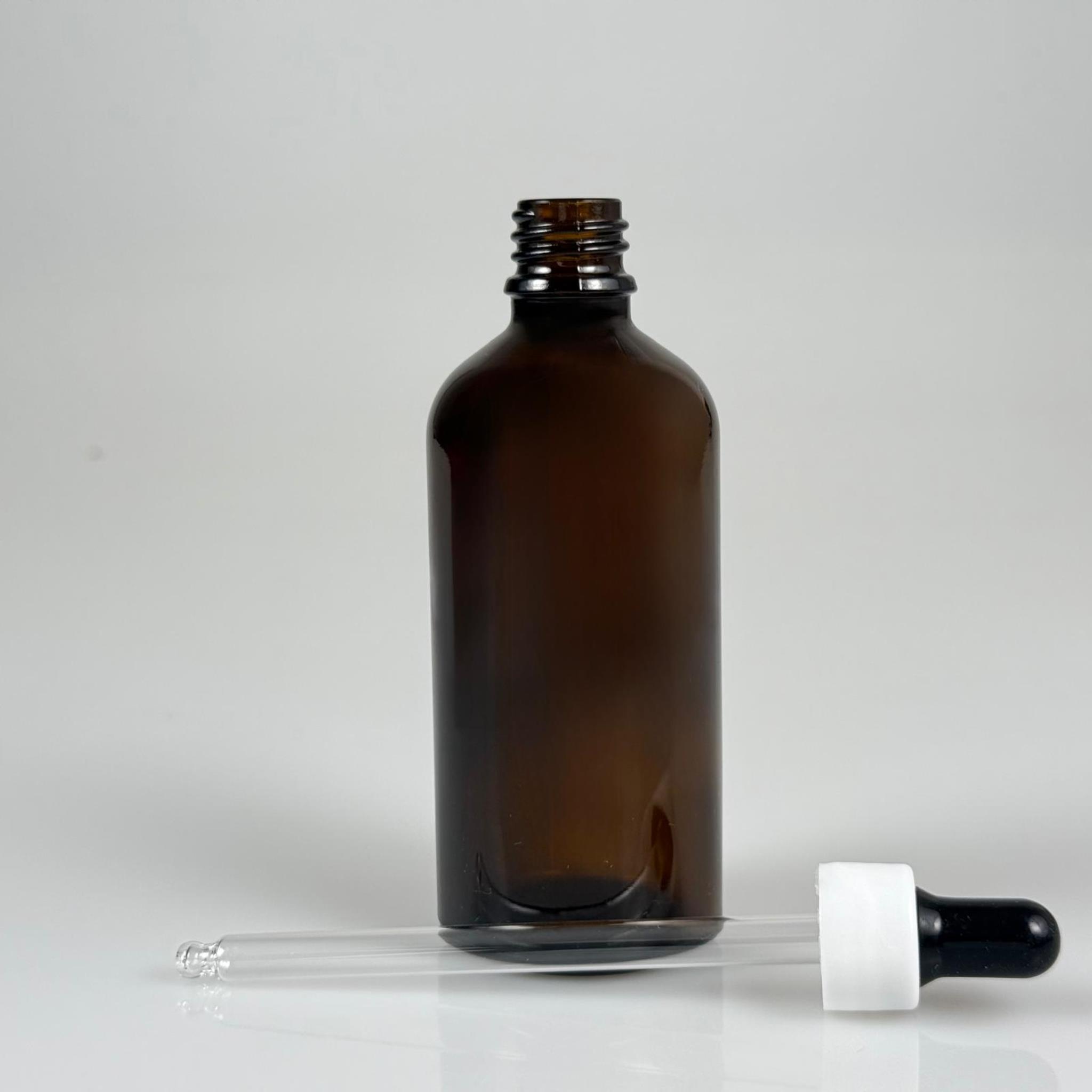 100 CC AMBER CAM DAMLALIKLI ŞİŞE - SİYAH EMZİK + BEYAZ DÜZ KAPAK + CAM PİPET TAKIM - 100 ML KAHVERENGİ DAMLALIKLI ŞİŞE SETİ