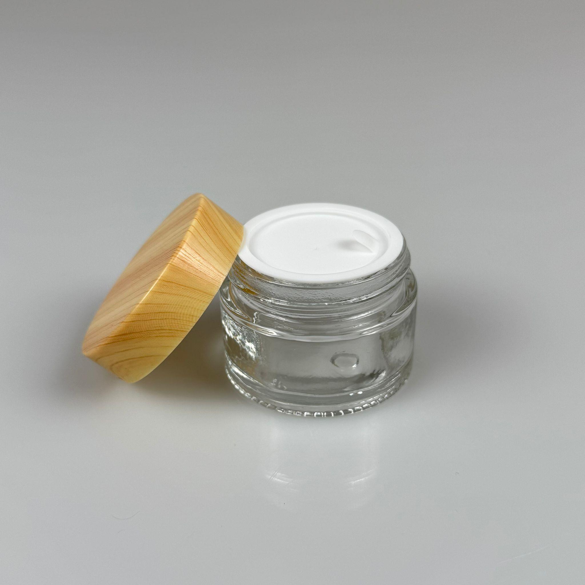 30 CC CAM ŞEFFAF KREM KAVANOZU - AHŞAP DESENLİ PLASTİK KAPAKLI İÇ CONTALI - 30 ML ŞEFFAF CAM KAVANOZ  - KOZMETİK KAVANOZ