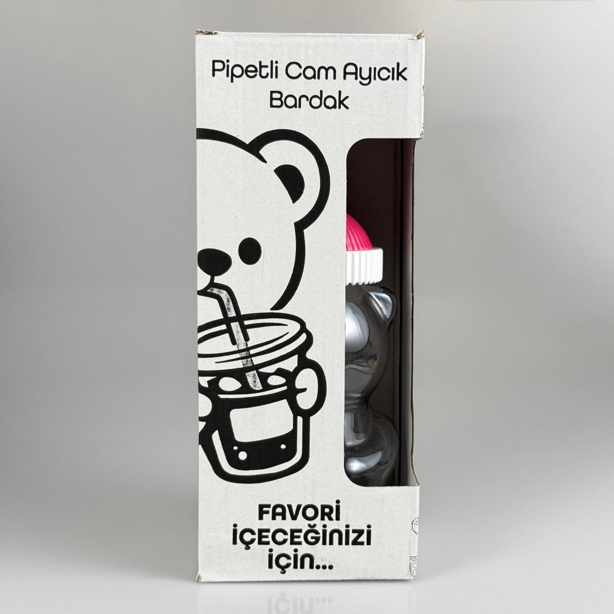 500 CC PİPETLİ CAM AYICIK BARDAK - PEMBE KAPAKLI + FIRÇALI PASLANMAZ ÇELİK GOLD PİPETLİ TAKIM - 500 ML AYICIK FİGÜRLÜ PİPETLİ CAM SU , SOĞUK KAHVE ,  MEYVE SUYU ,  MEŞRUBAT BARDAĞI VB - HEDİYELİK BARDAK