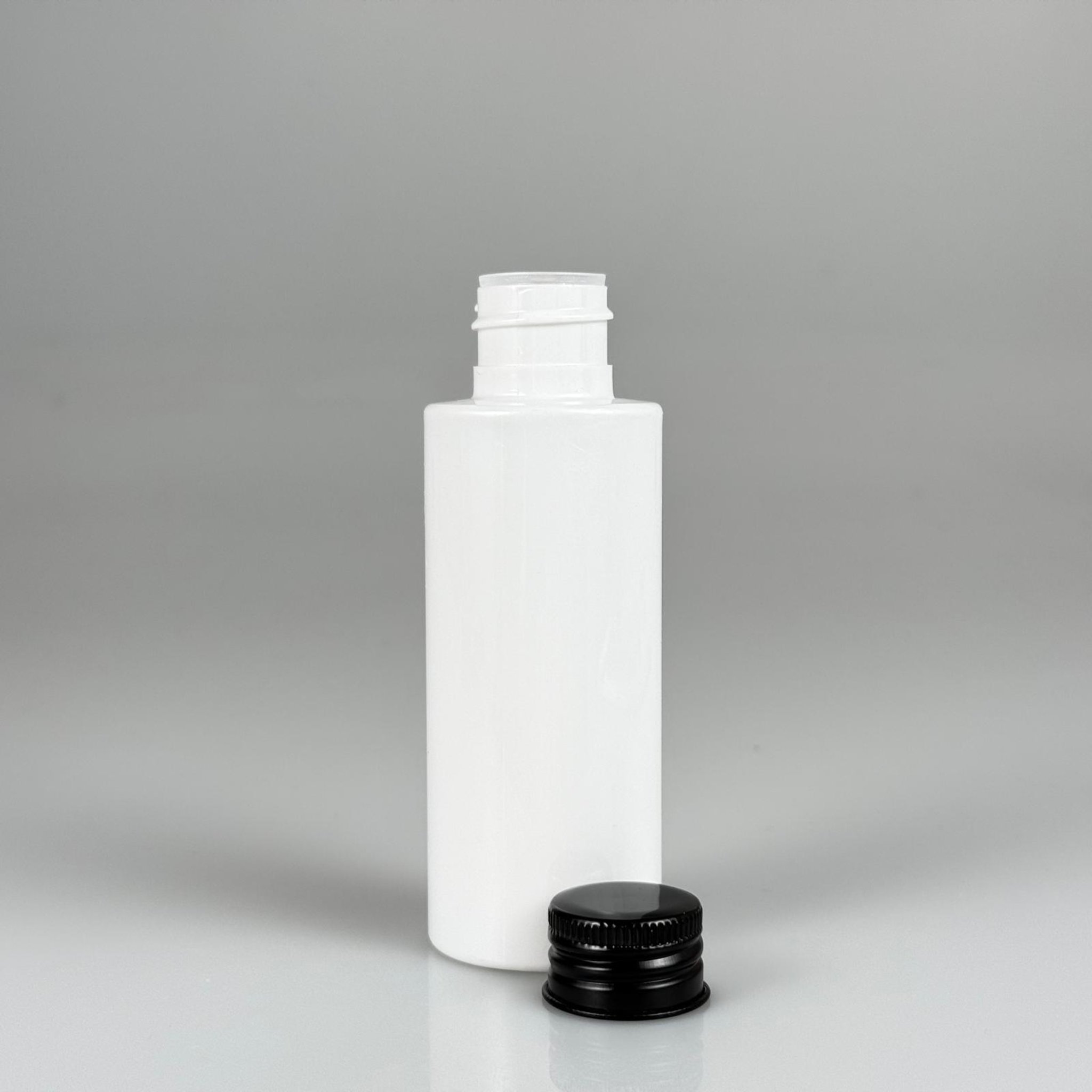 100 CC BEYAZ SİLİNDİR KESKİN KÜT MODEL SERT PET ŞİŞE ( 17 GR - 24 AĞIZ ) + KÖPÜK CONTALI SİYAH METAL ALÜMİNYUM KAPAK + KOLONYA TIPALI TAKIM - 100 ML KAPAKLI BEYAZ PLASTİK ŞİŞELER