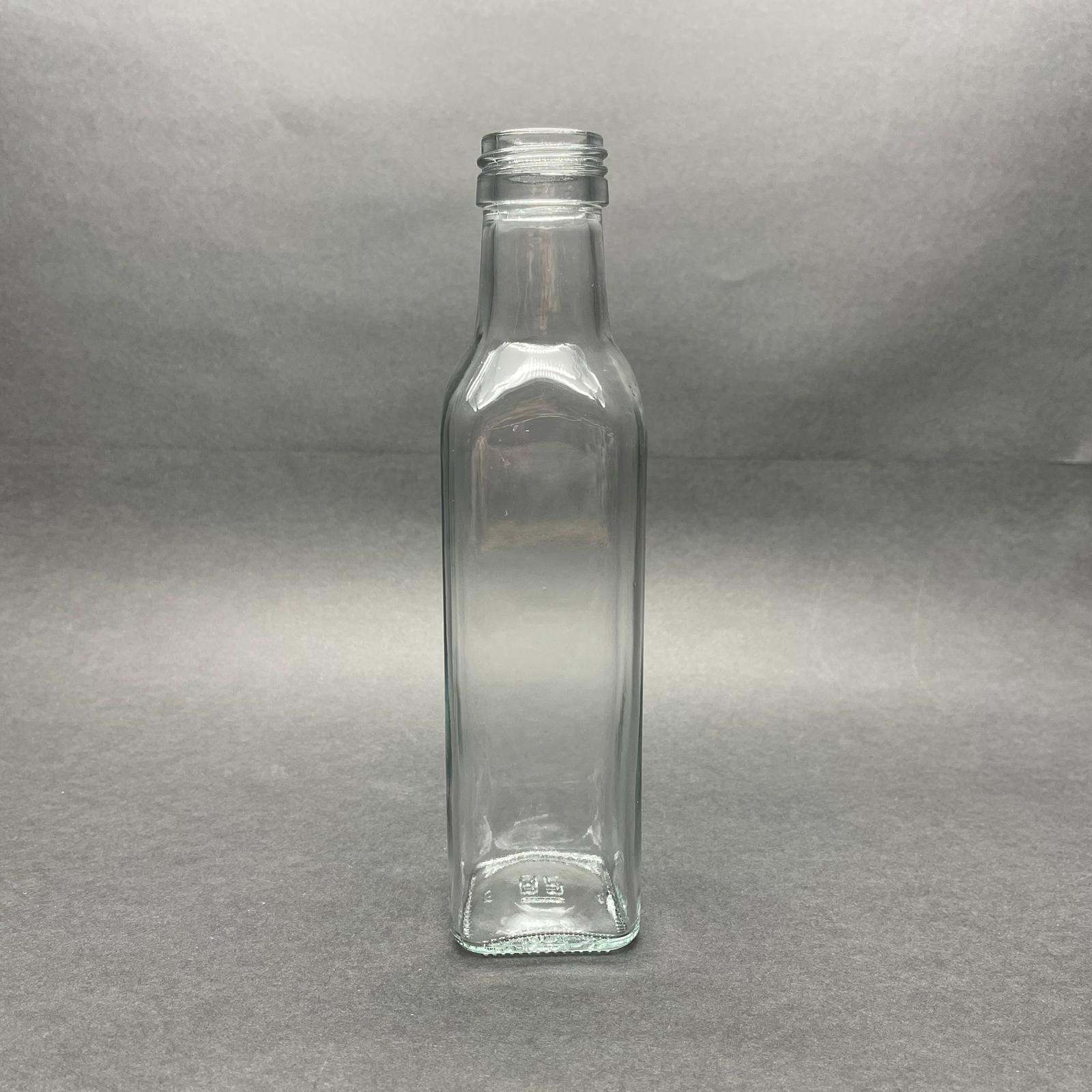 250 CC MARASKA CAM ŞİŞE KAPAKSIZ (31 AĞIZ VİDALI) - 250 ML KÖŞELİ CAM ŞİŞE - 250 ML MARASKA ŞİŞE - ŞİŞECAM ÜRÜN KODU: 120825 İLE EŞDEĞERDİR