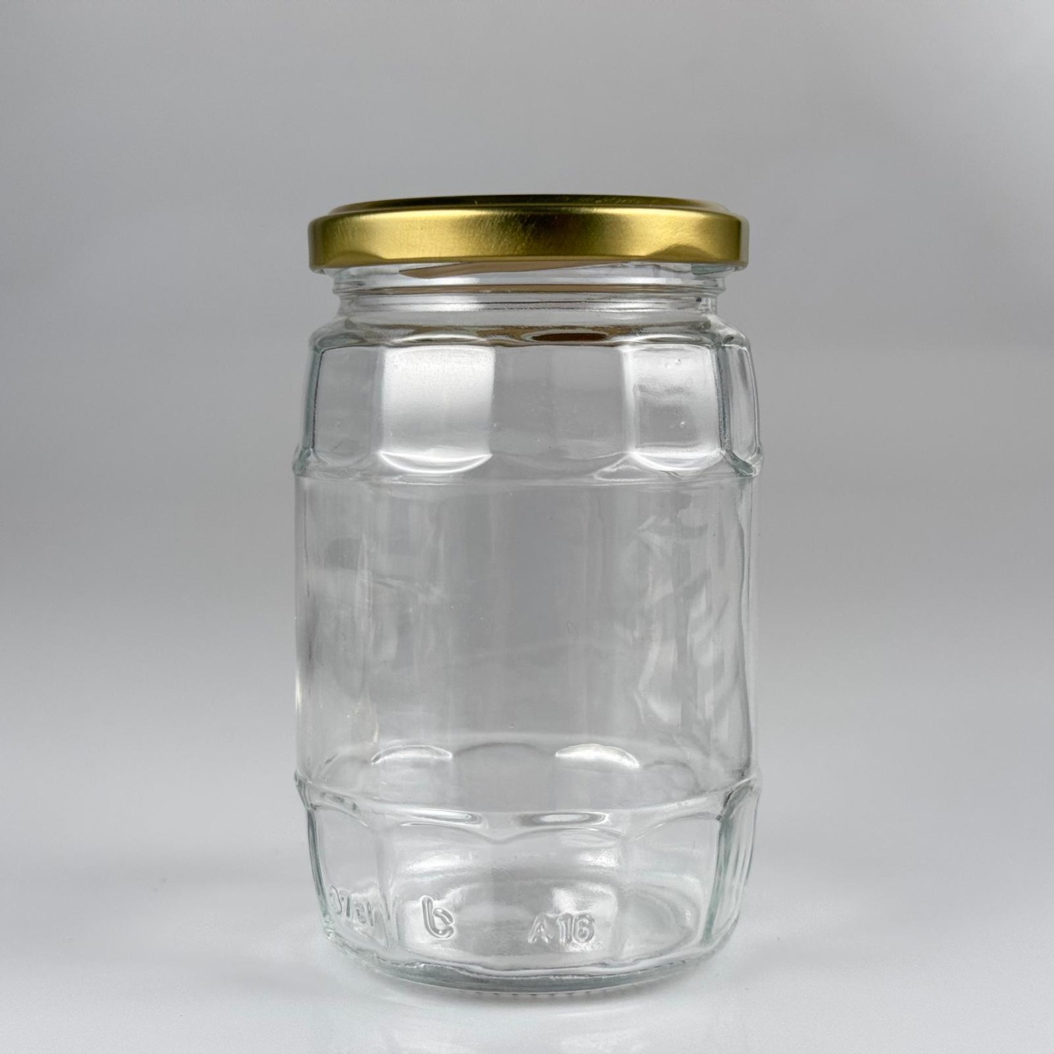 370 CC FIÇI KAVANOZ + DÜĞMELİ GOLD METAL KAPAKLI - 370 ML FIÇI TİPİ CAM KAVANOZ