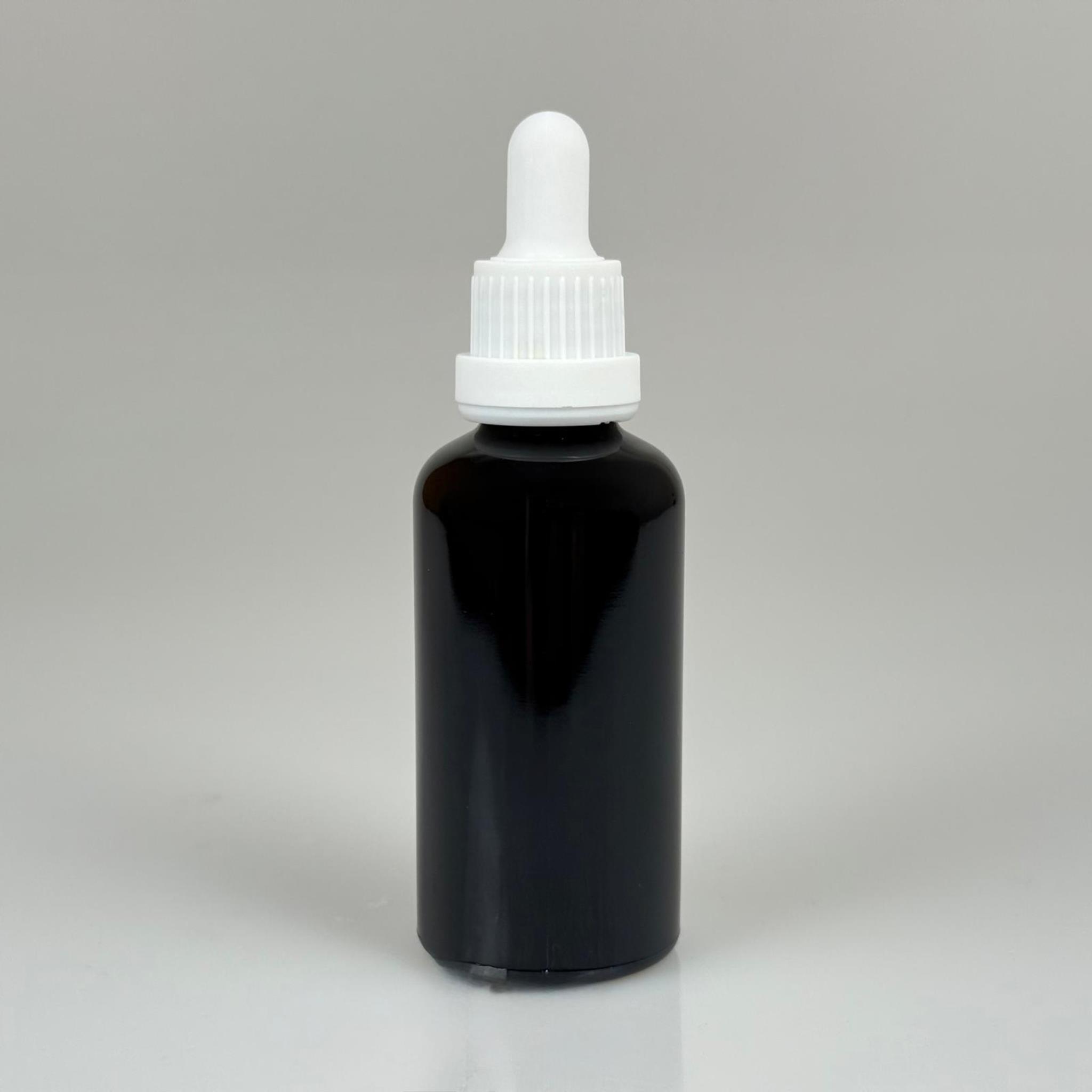 50 CC SİYAH CAM DAMLALIKLI ŞİŞE - BEYAZ EMZİK - BEYAZ PLASTİK KİLİTLİ KAPAK - 50 ML SİYAH CAM DAMLALIKLI ŞİŞE