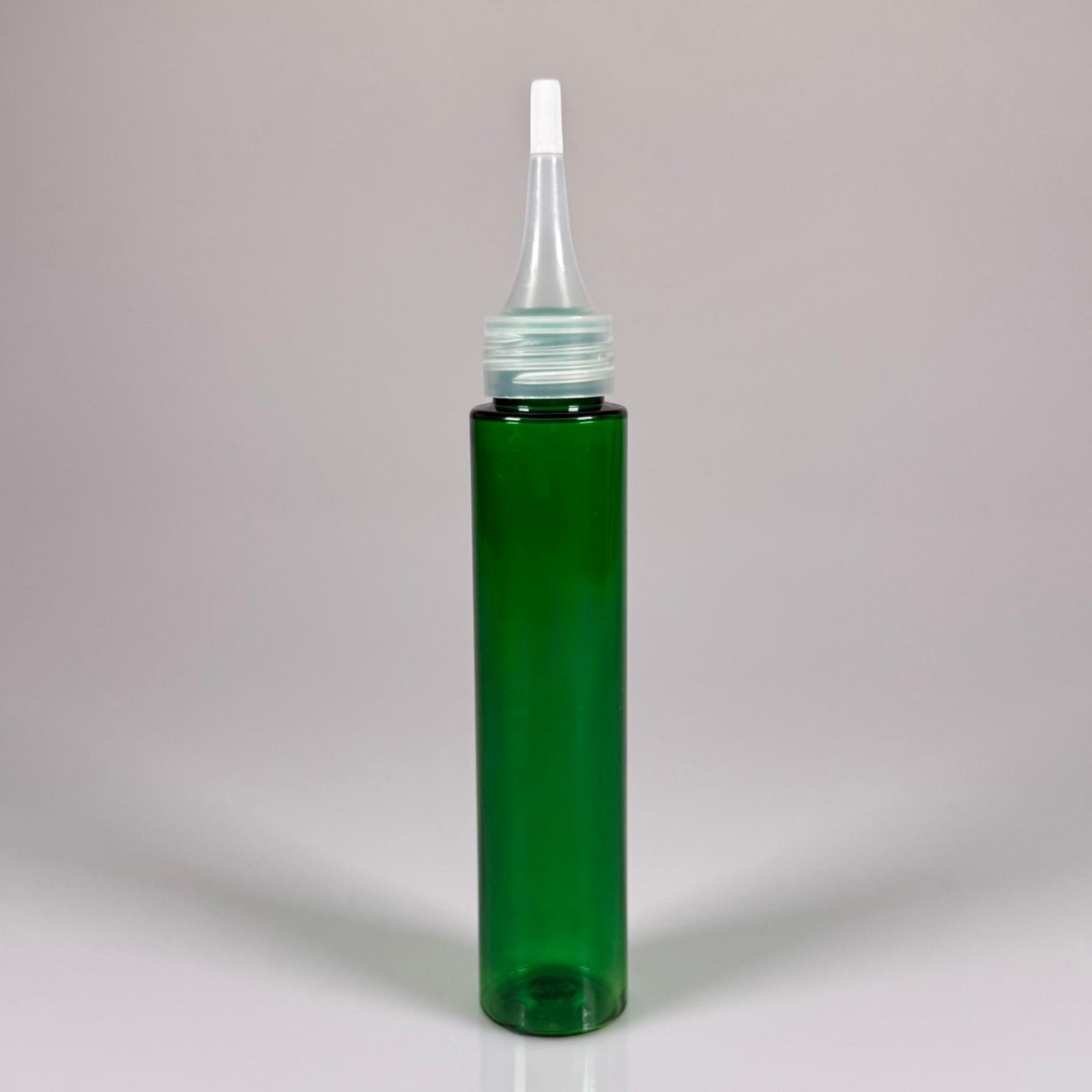 100 CC UZUN SİLİNDİR YEŞİL PET ŞİŞE (24 GR)  - ŞEFFAF SİVRİ AKITICI KAPAKLI - 100 ML BİBERİYE SUYU, LAVANTA YAĞI, SAÇ SERUM, TONİK VB İÇİN PLASTİK KOZMETİK AMBALAJLARI