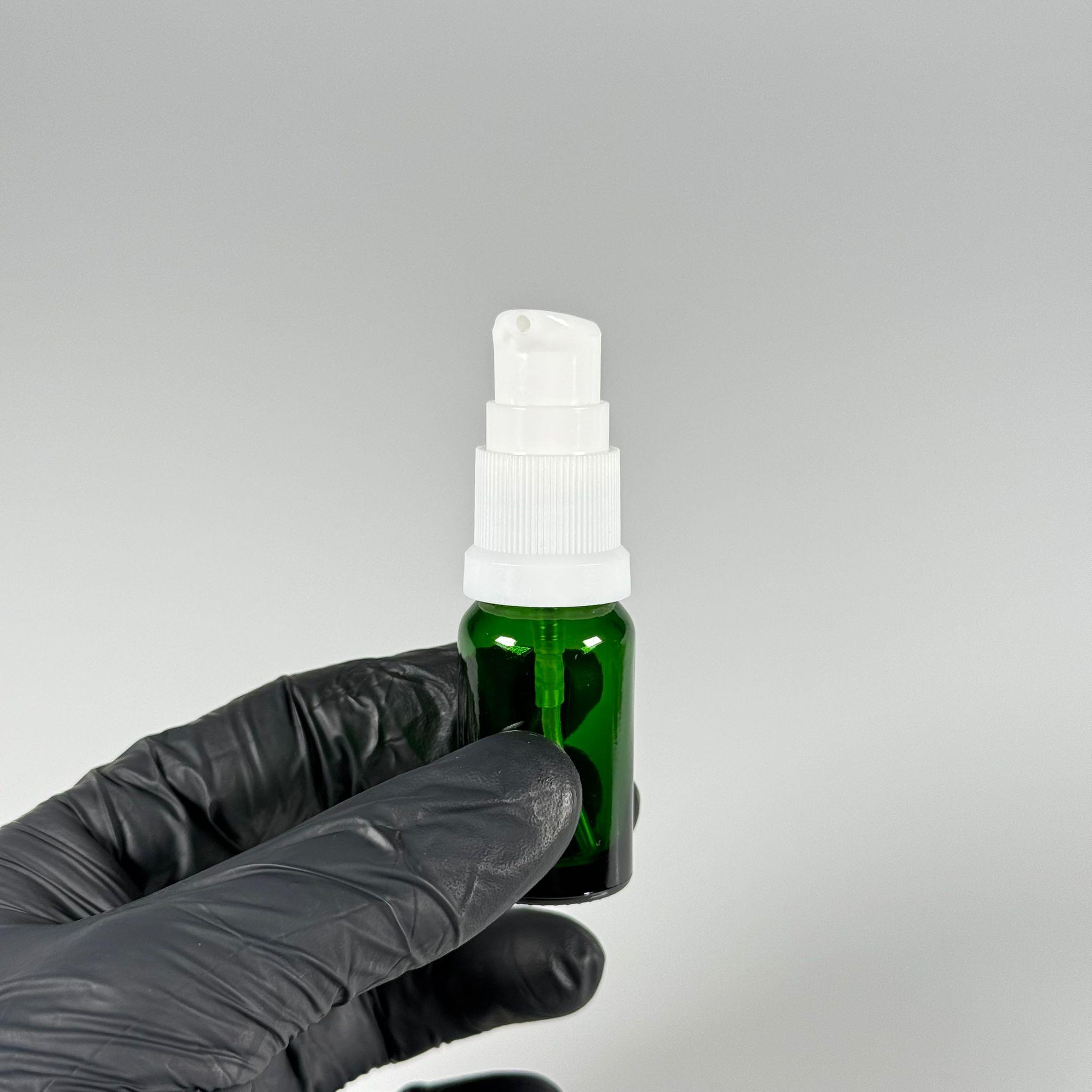 10 CC YEŞİL CAM ŞİŞE - SIZDIRMAZ ETEKLİ BEYAZ LOSYON POMPALI TAKIM - 10 ML LOSYON ŞİŞESİ - YAĞ, KREM GİBİ YOĞUN KIVAMLI SIVILAR İÇİN CAM AMBALAJ