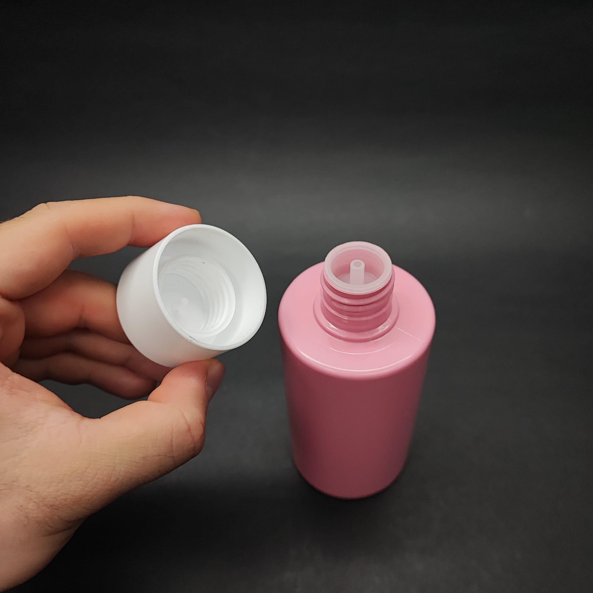 200 CC KÜT BOYUNLU SİLİNDİR PET ŞİŞE (24 GR) - BEYAZ KOLONYA LOSYON KAPAK + TIPA - 200 ML PLASTİK ŞİŞE - PEMBE