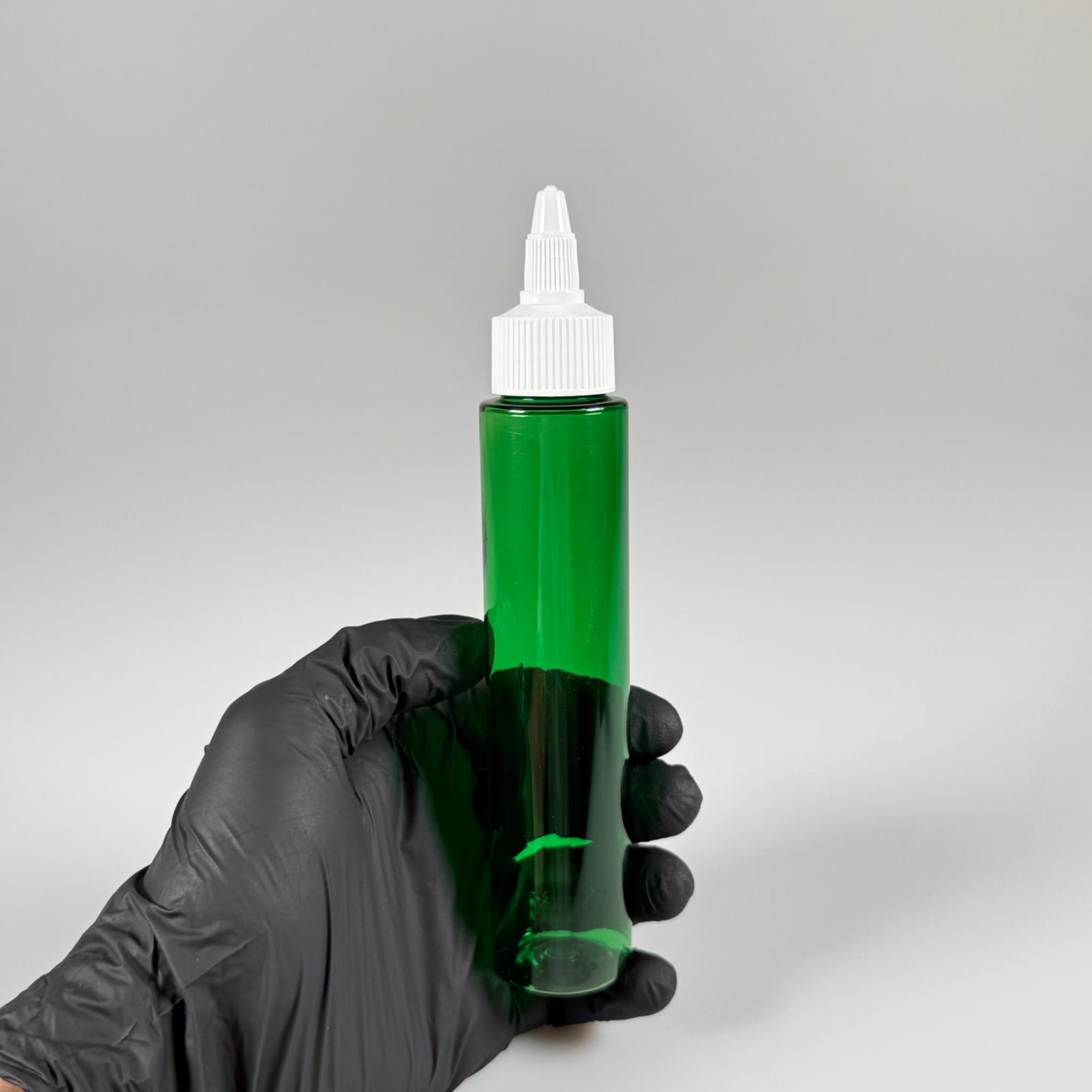 100 CC UZUN SİLİNDİR YEŞİL PET ŞİŞE (24 GR)  - BEYAZ TWİST SİVRİ ASANSÖR AKITICI KAPAKLI - 100 ML BİBERİYE SUYU, LAVANTA YAĞI, SAÇ SERUM, TONİK VB İÇİN PLASTİK KOZMETİK AMBALAJLARI