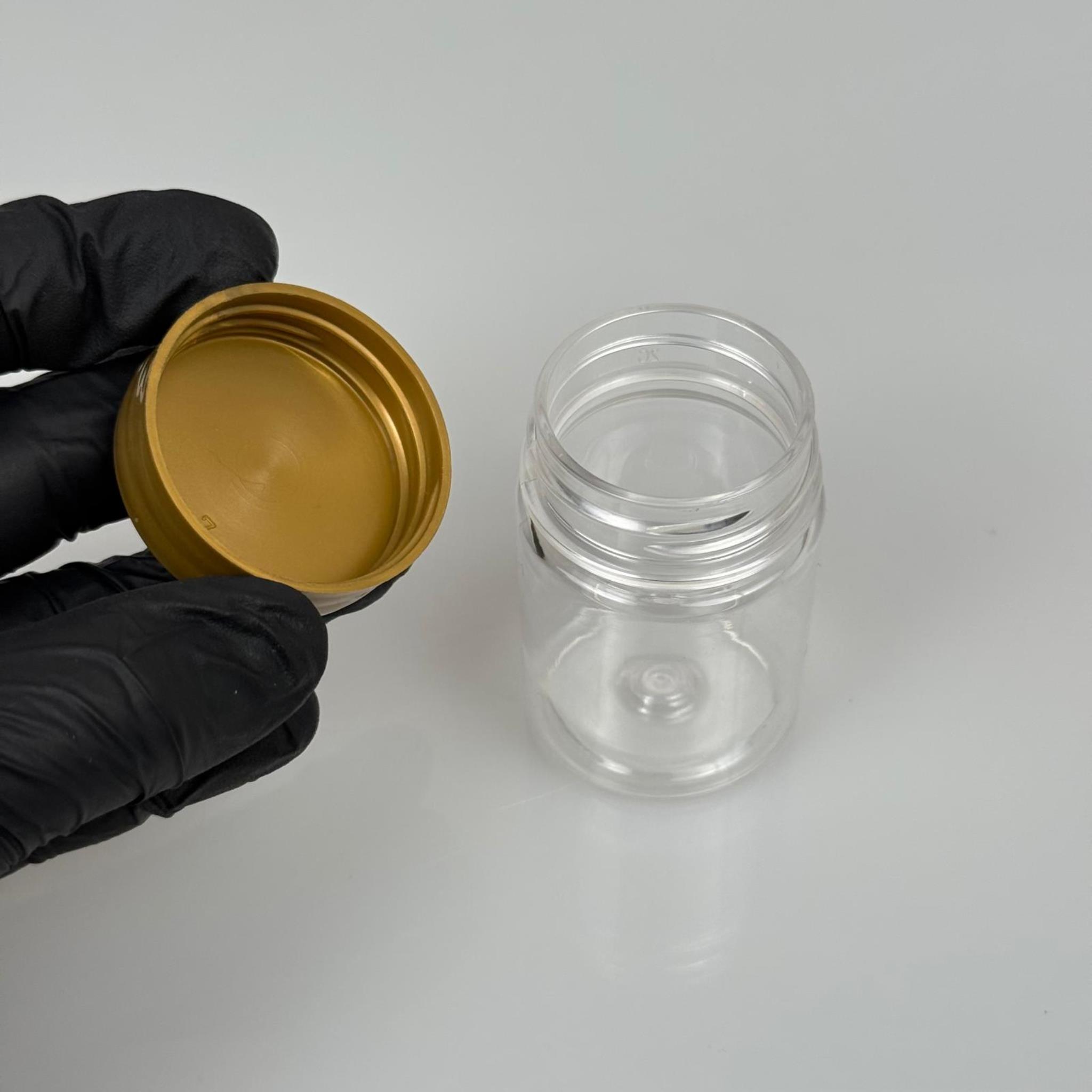 50 CC PET ŞİŞE GENİŞ AĞIZLI  - GOLD KAPAKLI + KENDİNDEN YAPIŞKANLI KÖPÜK CONTALI  - 50 ML PLASTİK NUMUNE KAVANOZU, MİNİ TABLET KAVANOZU