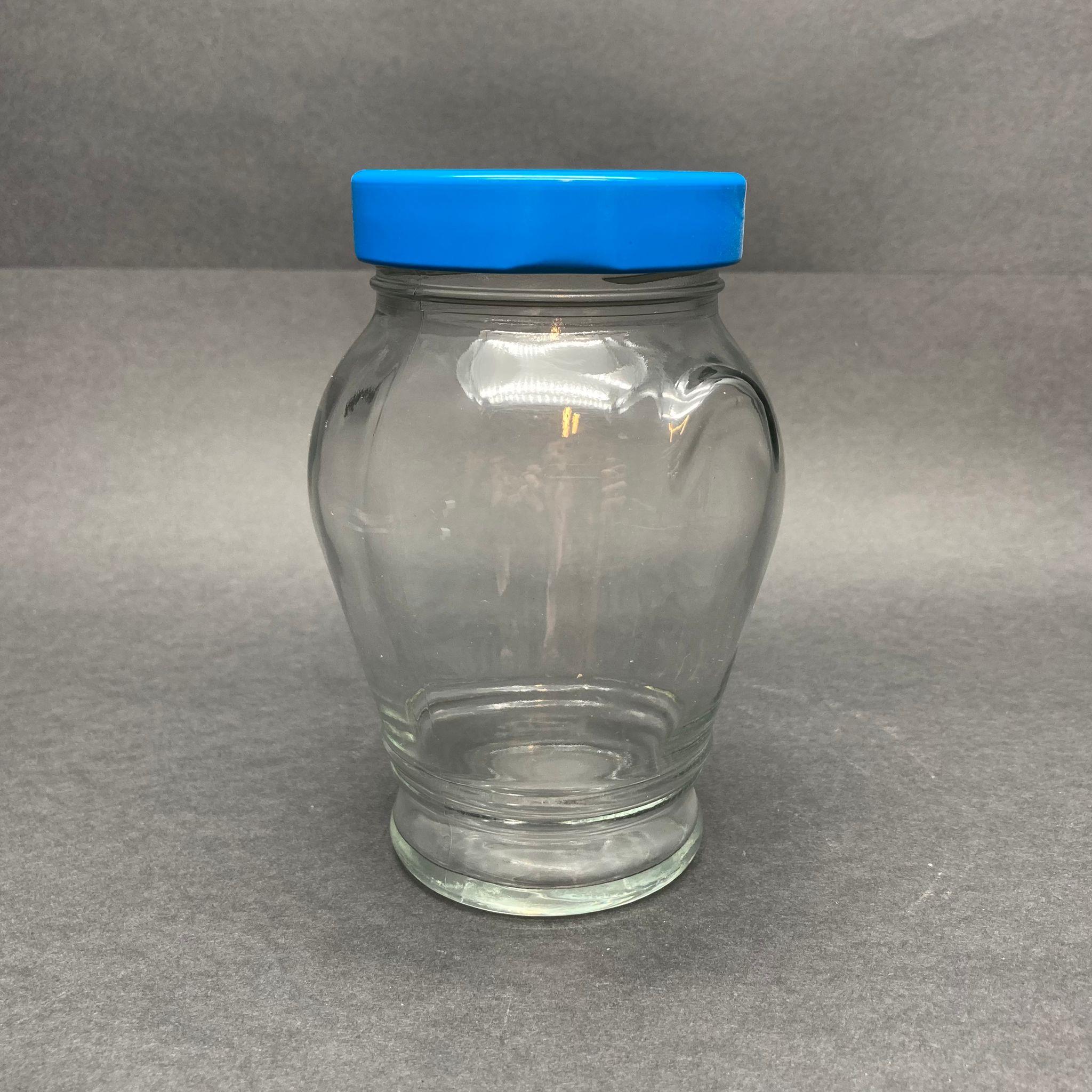 370 CC KULPLU CAM KAVANOZ - MAVİ METAL KAPAKLI - 370 ML KULPLU TİP CAM KAVANOZ