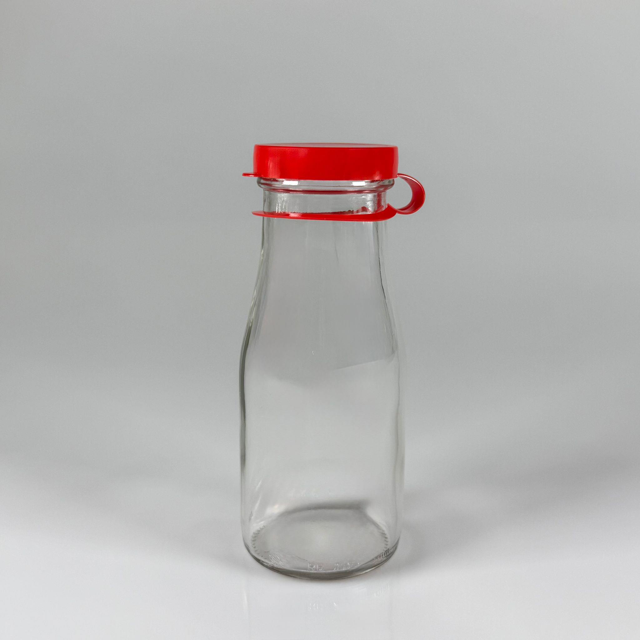 NOSTALJİ ESKİ TİP CAM AYRAN ŞİŞESİ - SÜT, LİMONATA, ŞIRA. ŞERBET. MEYVE SUYU, EV YAPIMI MEŞRUBAT, SMOOTHIE, KOKTEYL VB KAFETERYA, RESTORAN, EV KULLANIMI VB İÇİN - KIRMIZI GEÇME KAPAKLI 200 CC BOŞ CAM ŞİŞELERİ