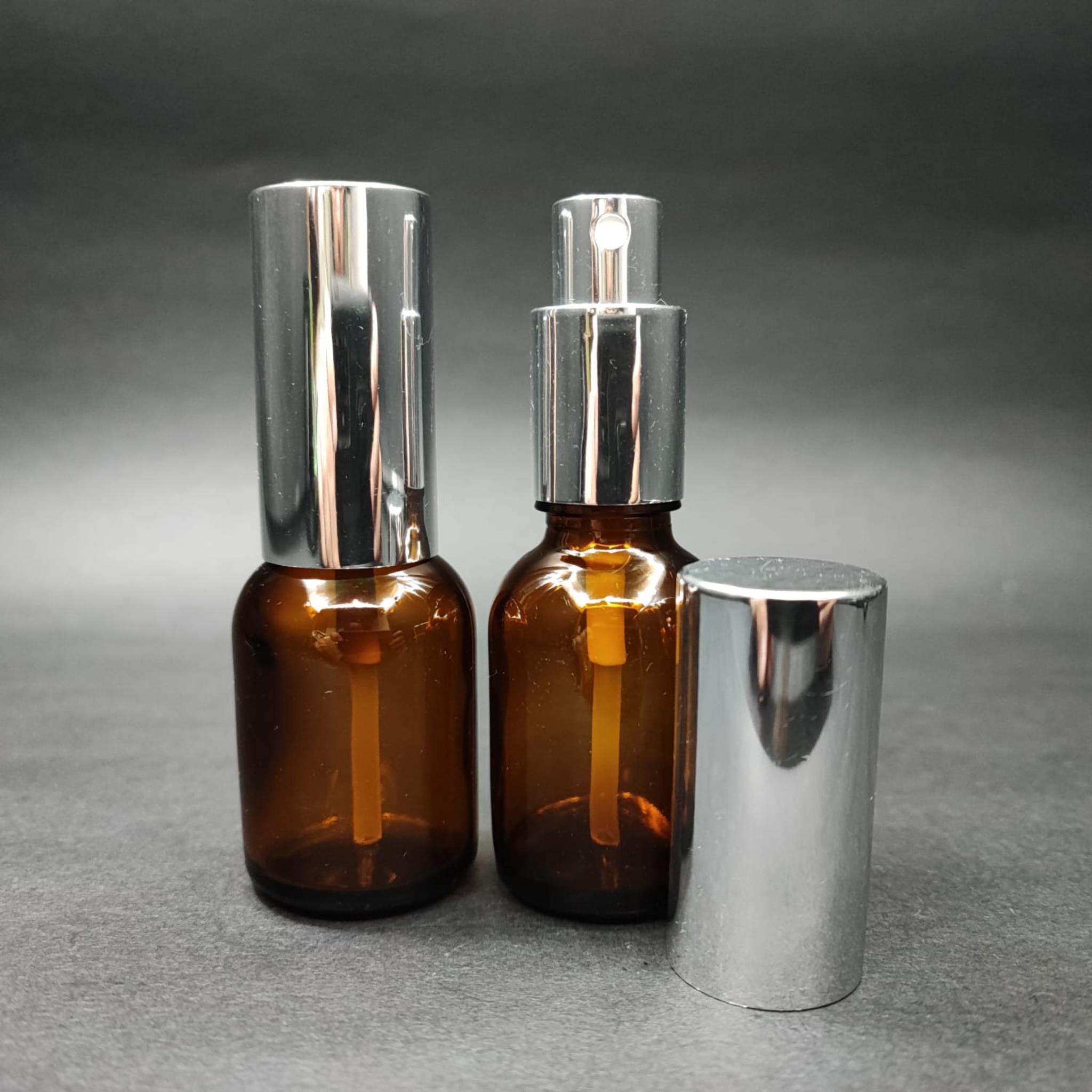 25 ML LÜKS VİDALI VALF ÇEVİRME PARFÜM ŞİŞELERİ - 25 CC TOMBUL AMBER CAM ŞİŞE - GÜMÜŞ METAL SPREYLİ KAPAKLI SET