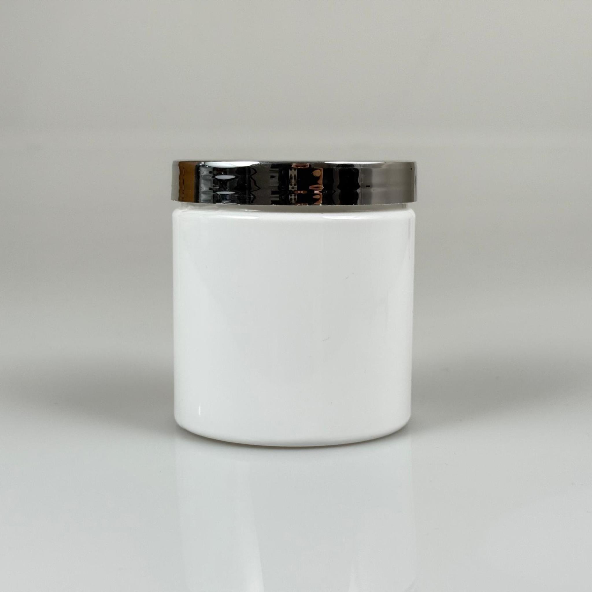 250 CC BEYAZ SERT PLASTİK KAVANOZ - GÜMÜŞ KAPLAMALI PLASTİK KAPAKLI - 250 ML PLASTİK KAPAKLI PLASTİK KAVANOZ - KOZMETİK KAVANOZ, GIDA KAVANOZU VE KREM KAVANOZU OLARAK KULLANABİLİRSİNİZ