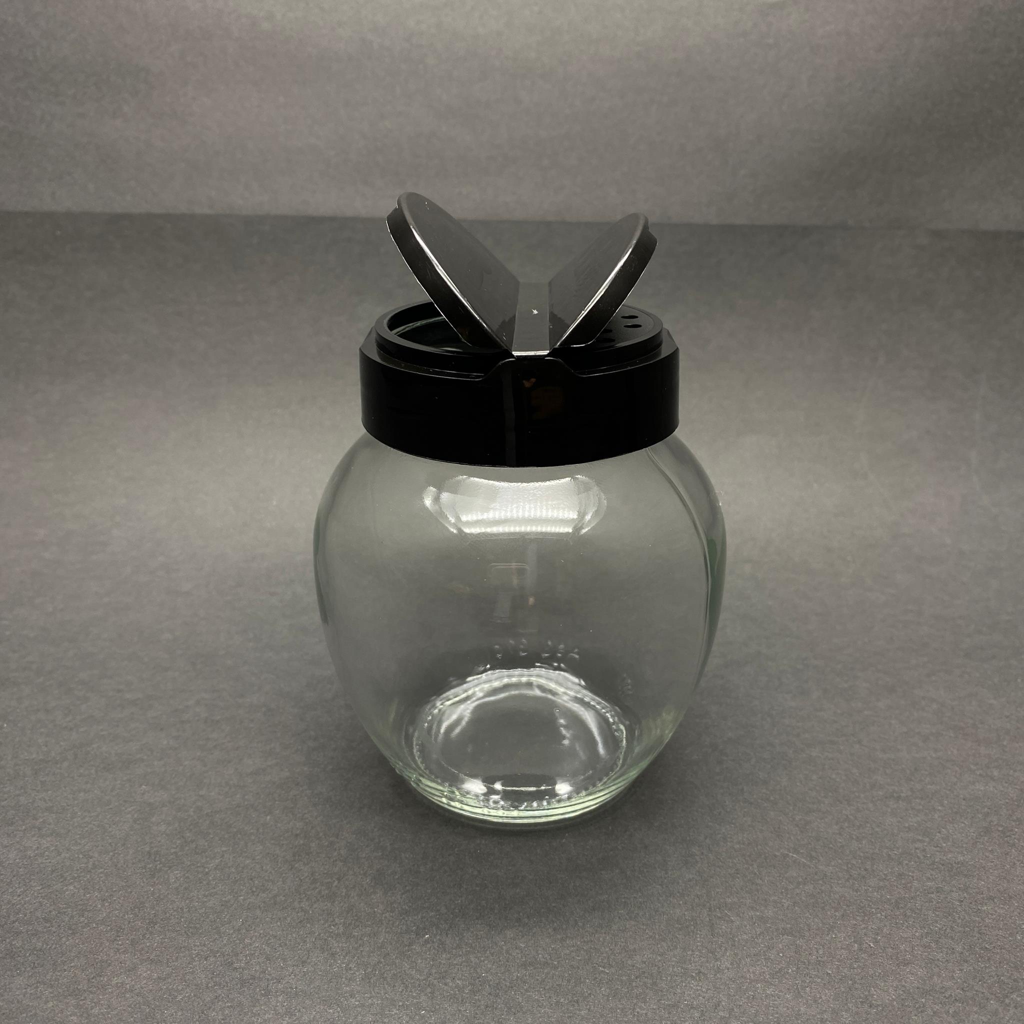 370 CC YUMURTA CAM BAHARATLIK KAVANOZ - 370 ML OVAL BAHARAT KAVANOZU - SİYAH AÇILIR KAPANIR KAPAKLI