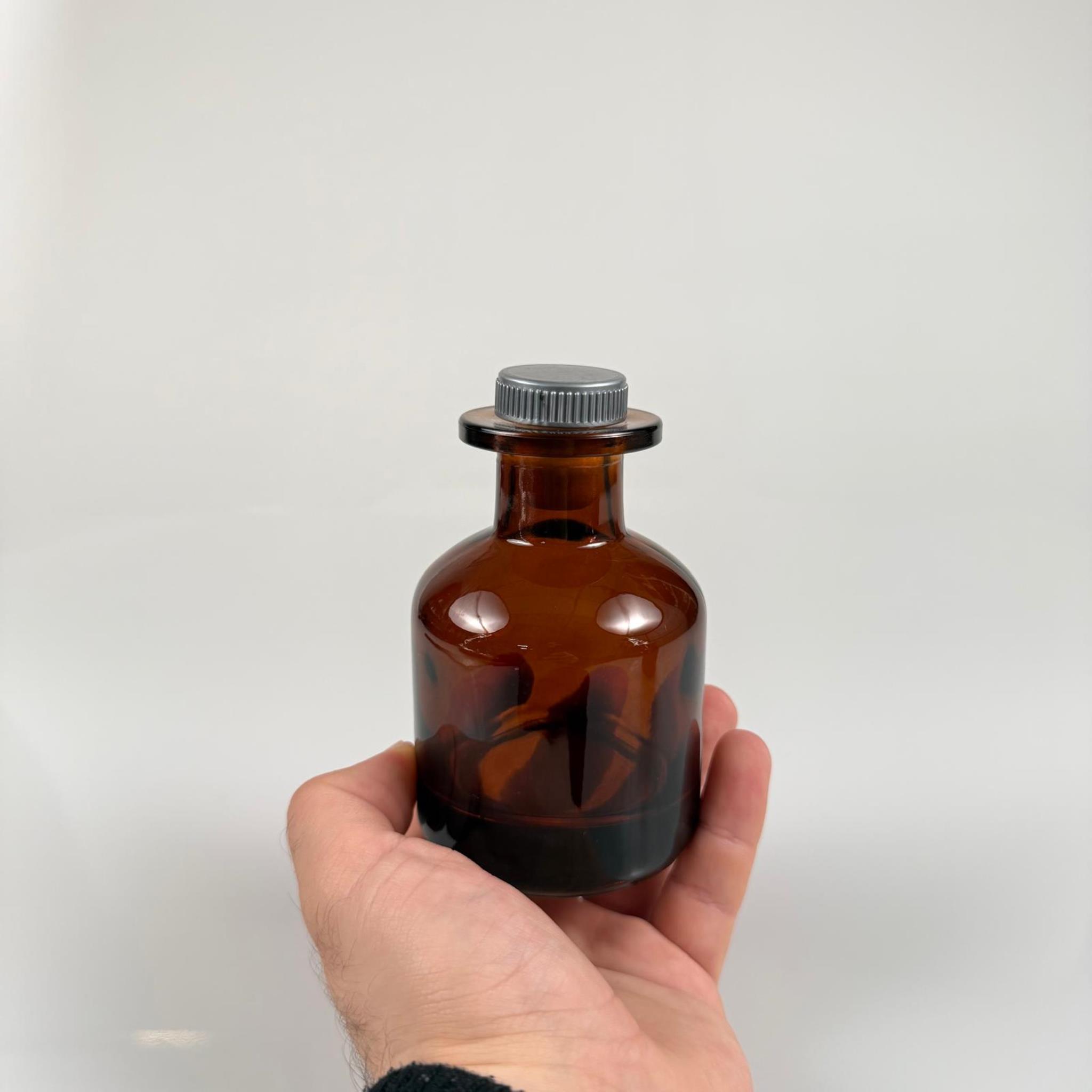 150 CC AMBER CAM SİLİNDİR BAMBU ODA KOKUSU ŞİŞESİ - 150 ML DİFFUSER CAM ŞİŞE + GRİ MANTAR TIPA