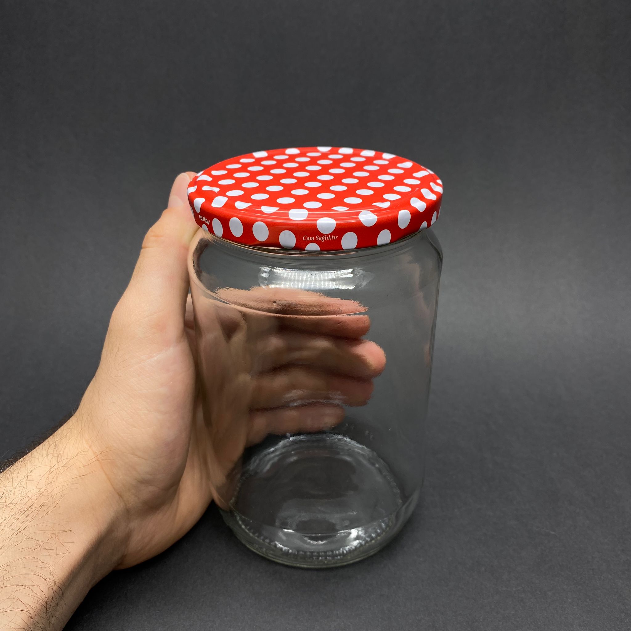 720 CC CAM KAVANOZ - KIRMIZI PUANTİYE DESENLİ METAL KAPAKLI - 720 ML CAM KAVANOZ - KONSERVE KAVANOZU
