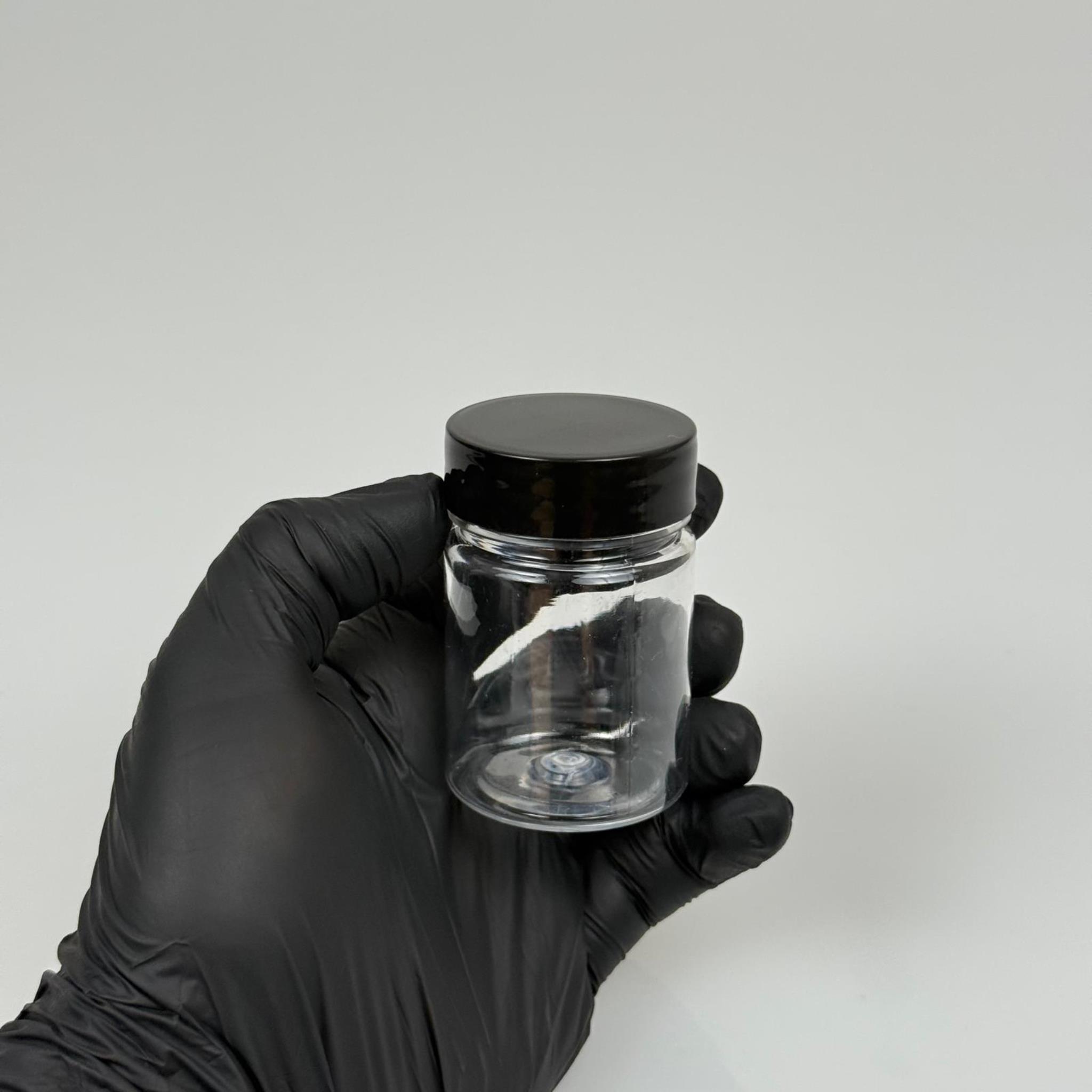 50 CC PET ŞİŞE GENİŞ AĞIZLI  - SİYAH KAPAKLI + KENDİNDEN YAPIŞKANLI KÖPÜK CONTALI - 50 ML PLASTİK NUMUNE KAVANOZU, MİNİ TABLET KAVANOZU