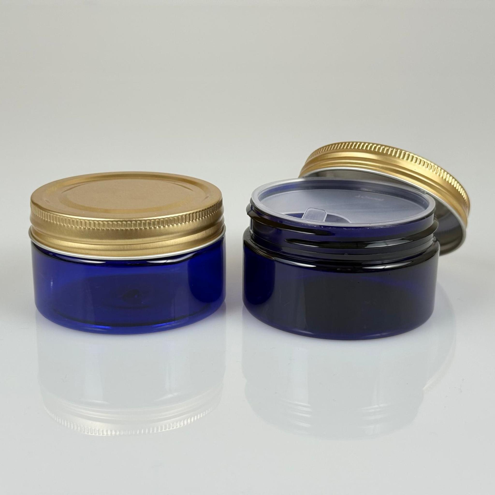 100 ML SERT PET KAVANOZ + GOLD METAL KAPAK + İÇ TIPA - 100 CC KALIN MAVİ PLASTİK KAVANOZ GOLD METAL KAPAKLI İÇ TIPALI TAKIM - KREM KAVANOZLARI