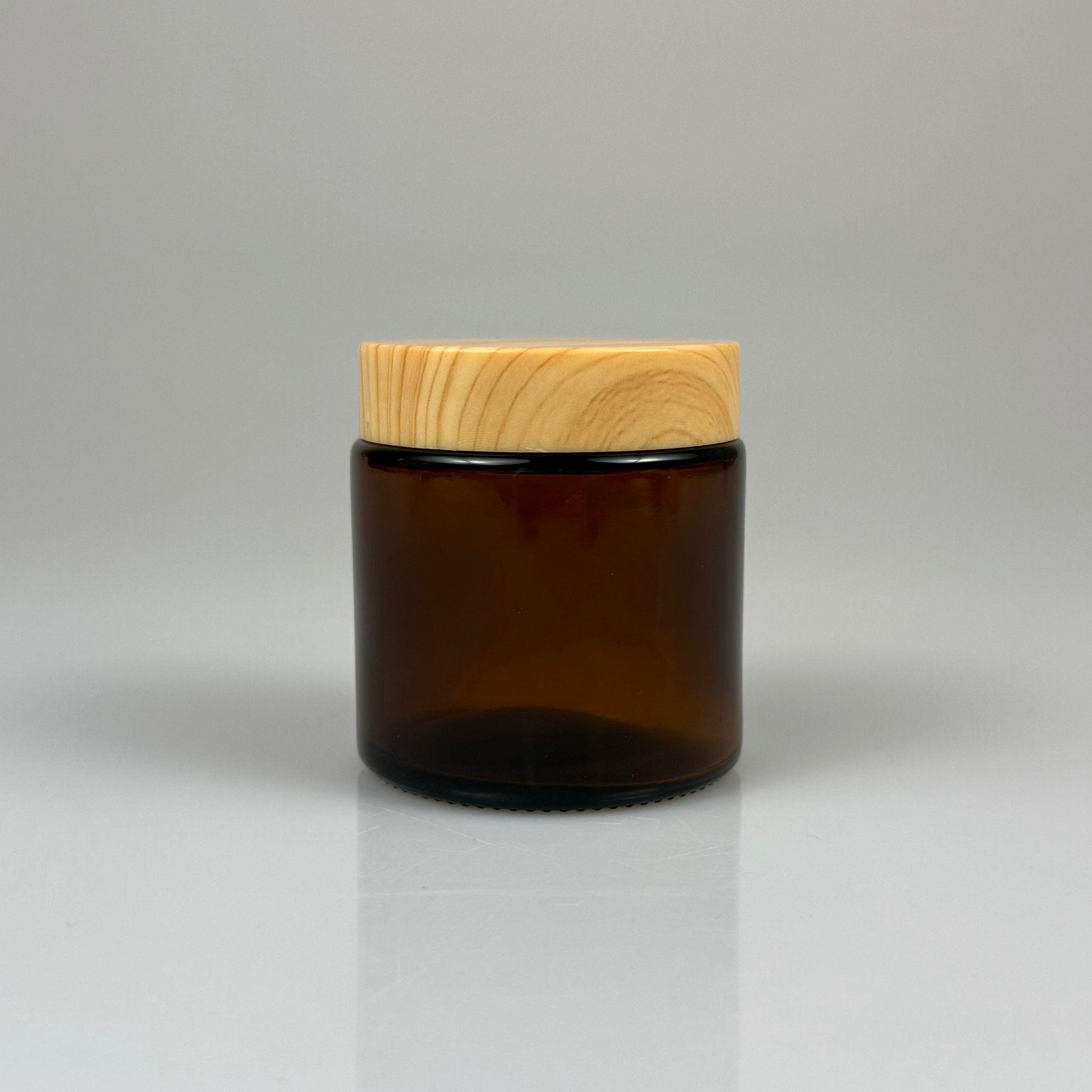 100 CC CAM AMBER KREM KAVANOZU - AHŞAP DESENLİ PLASTİK KAPAKLI İÇ CONTALI - 100 ML KAHVERENGİ CAM KAVANOZ  - KOZMETİK KAVANOZ