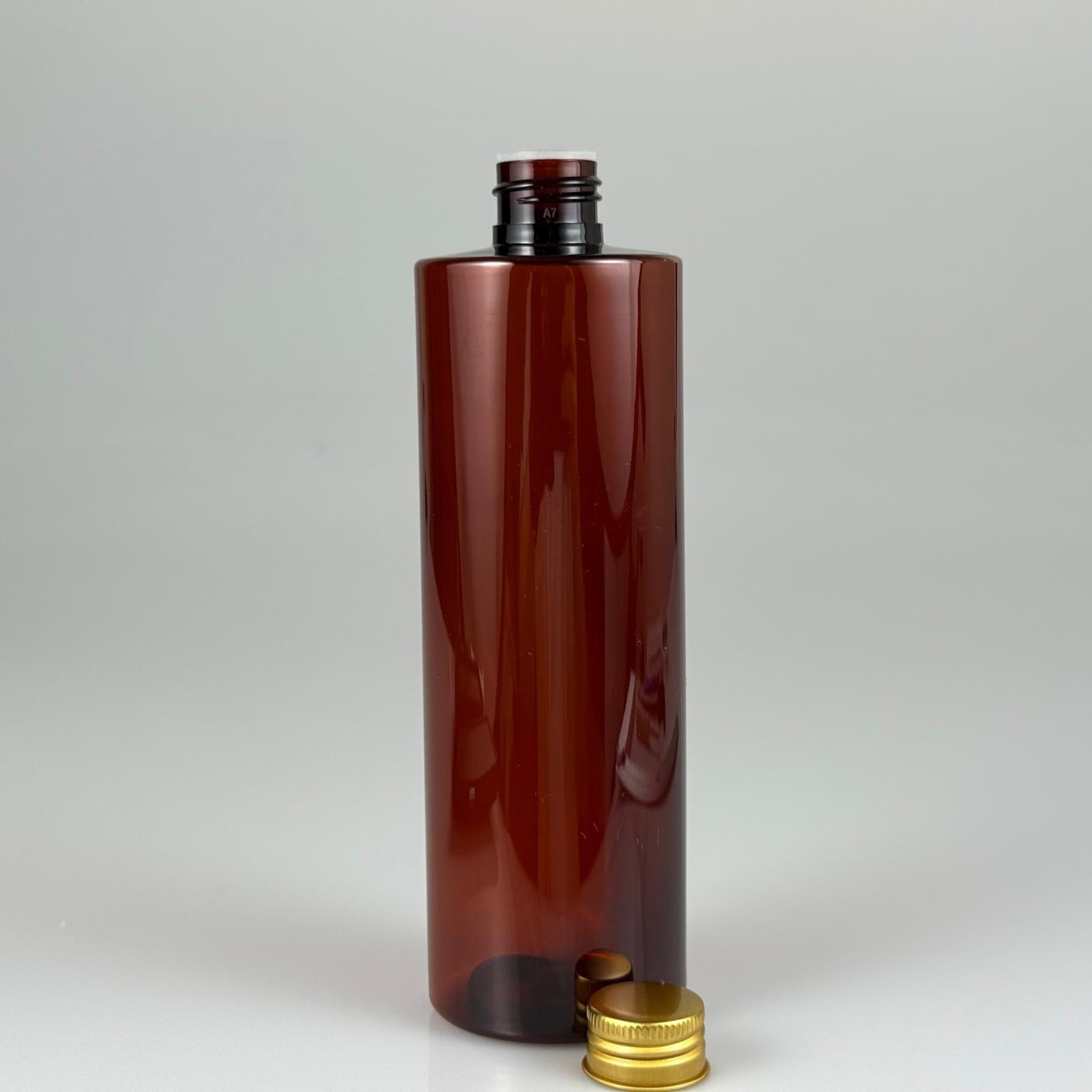 400 CC  AMBER KÜT BOYUNLU SİLİNDİR PET ŞİŞE (30 GR - 24 AĞIZ ) + KÖPÜK CONTALI GOLD METAL ALÜMİNYUM KAPAK + KOLONYA TIPALI TAKIM - 400 ML KAPAKLI KAHVERENGİ PLASTİK ŞİŞELER
