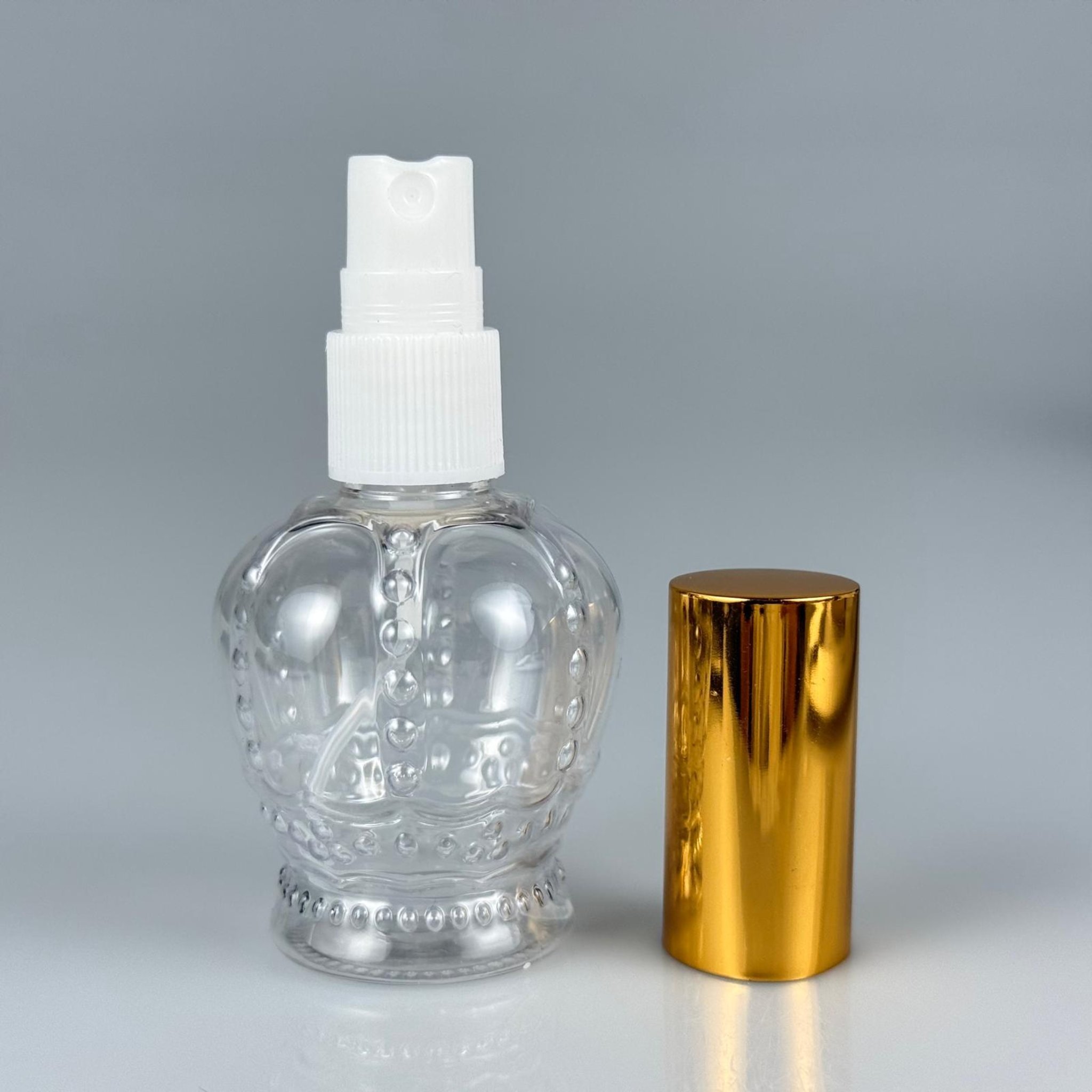 60 CC KRAL TACI MODEL GOLD SPREY KAPAKLI PET ŞİŞE - 60 ML PLASTİK ŞİŞE + GOLD KAPAKLI BEYAZ SPREY