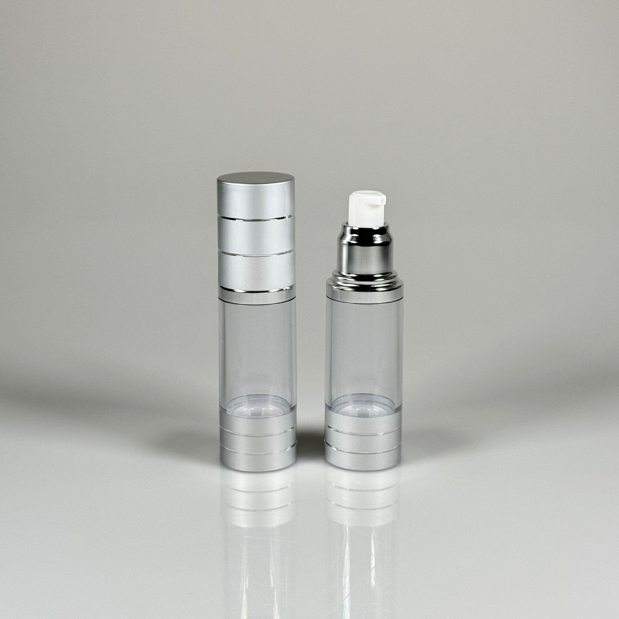 BOŞ KREM VE LOSYON ŞİŞESİ 30 ML BOŞ AİRLESS ŞİŞE - HAVASIZ POMPALI GÜMÜŞ ÜSTÜ YALDIZLI AİRLESS ŞİŞE