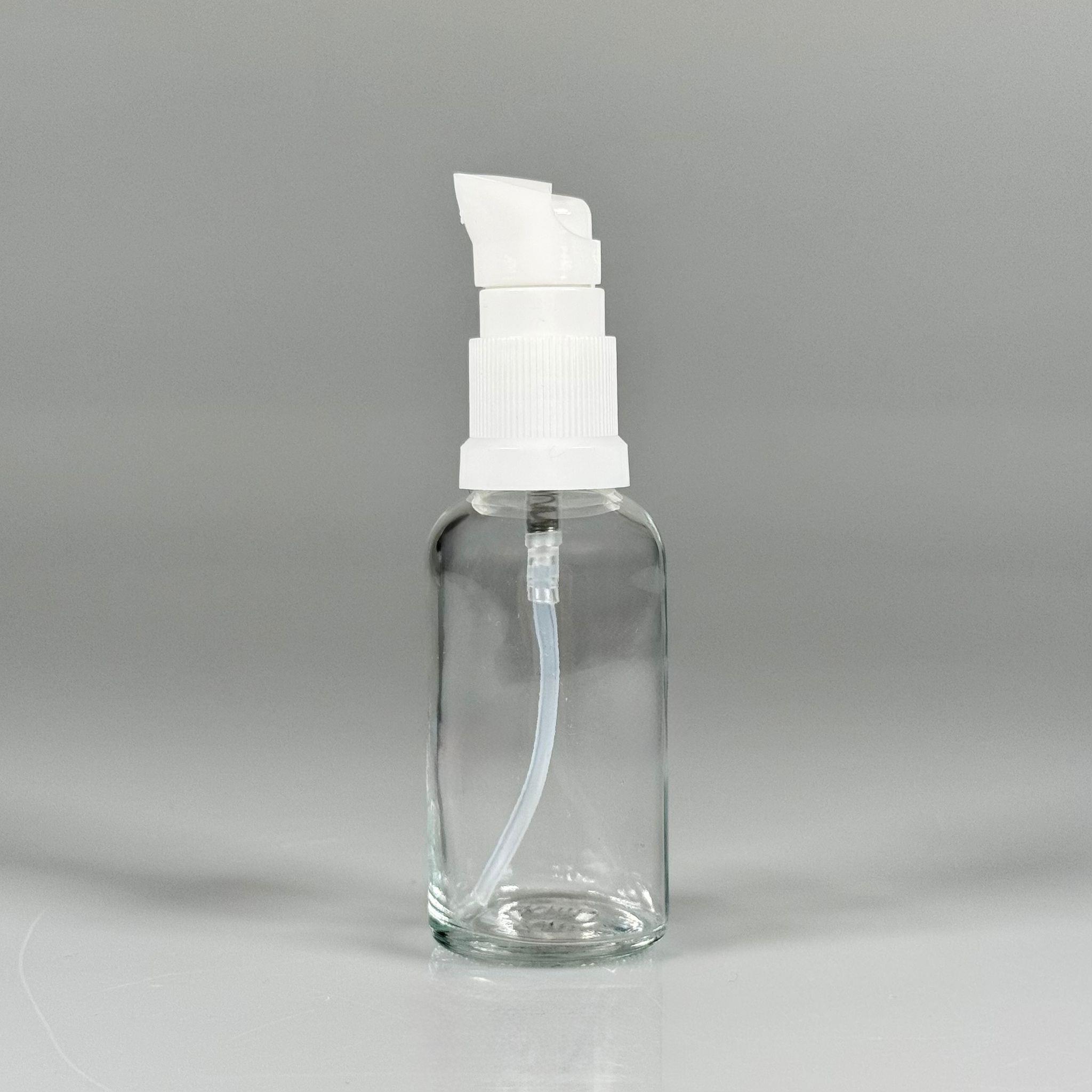 30 CC ŞEFFAF CAM ŞİŞE - SIZDIRMAZ ETEKLİ BEYAZ LOSYON POMPALI TAKIM - 30 ML LOSYON ŞİŞESİ - YAĞ, KREM GİBİ YOĞUN KIVAMLI SIVILAR İÇİN CAM AMBALAJ