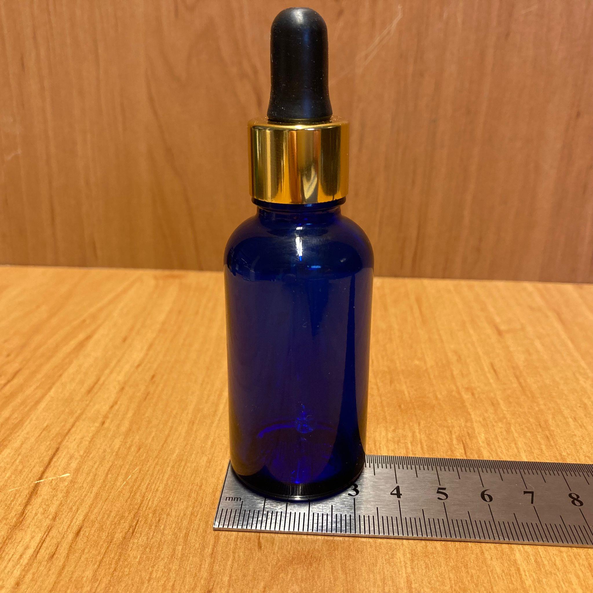30 CC MAVİ CAM DAMLALIKLI ŞİŞE - SİYAH EMZİK - GOLD METALİK KAPAK - 30 ML MAVİ CAM DAMLALIKLI ŞİŞE