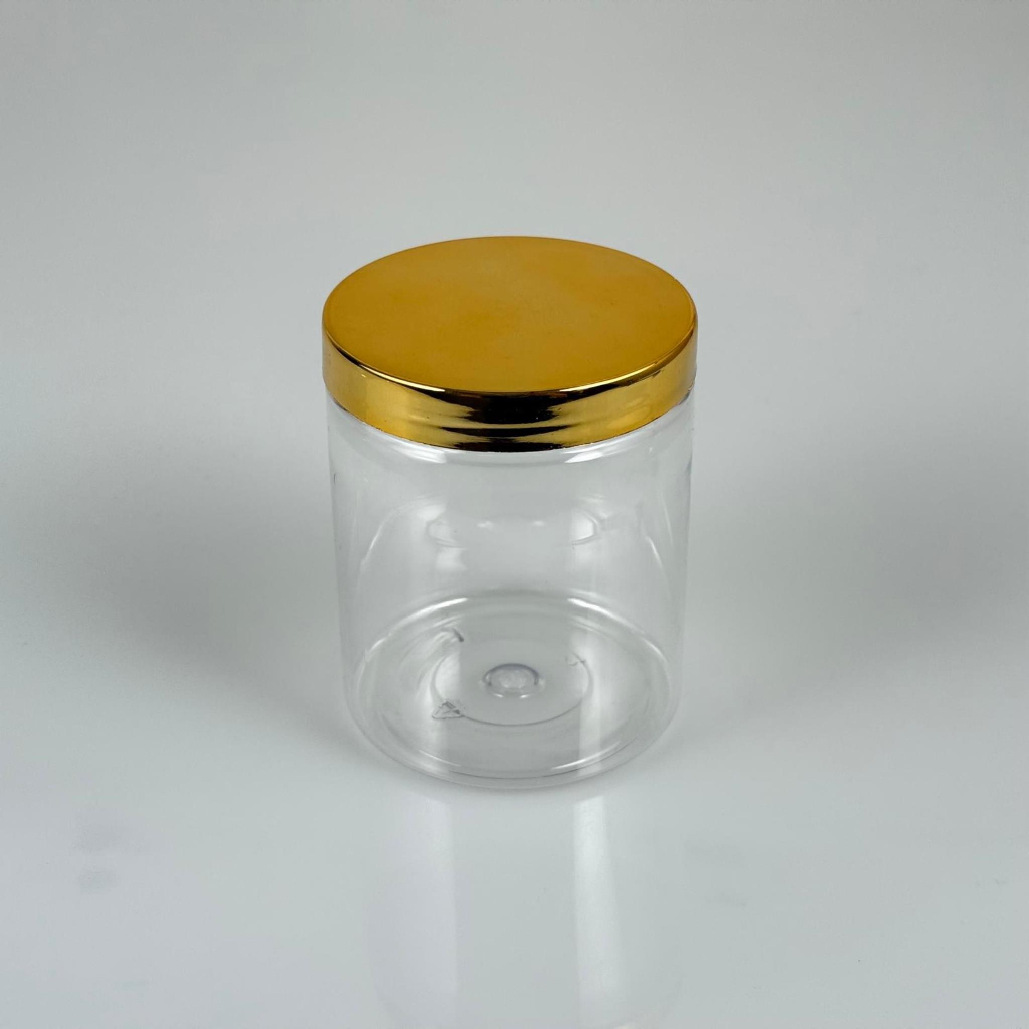 300 CC ŞEFFAF SERT PLASTİK KAVANOZ - GOLD KAPLAMALI PLASTİK KAPAKLI - 300 ML PLASTİK KREM KAVANOZU