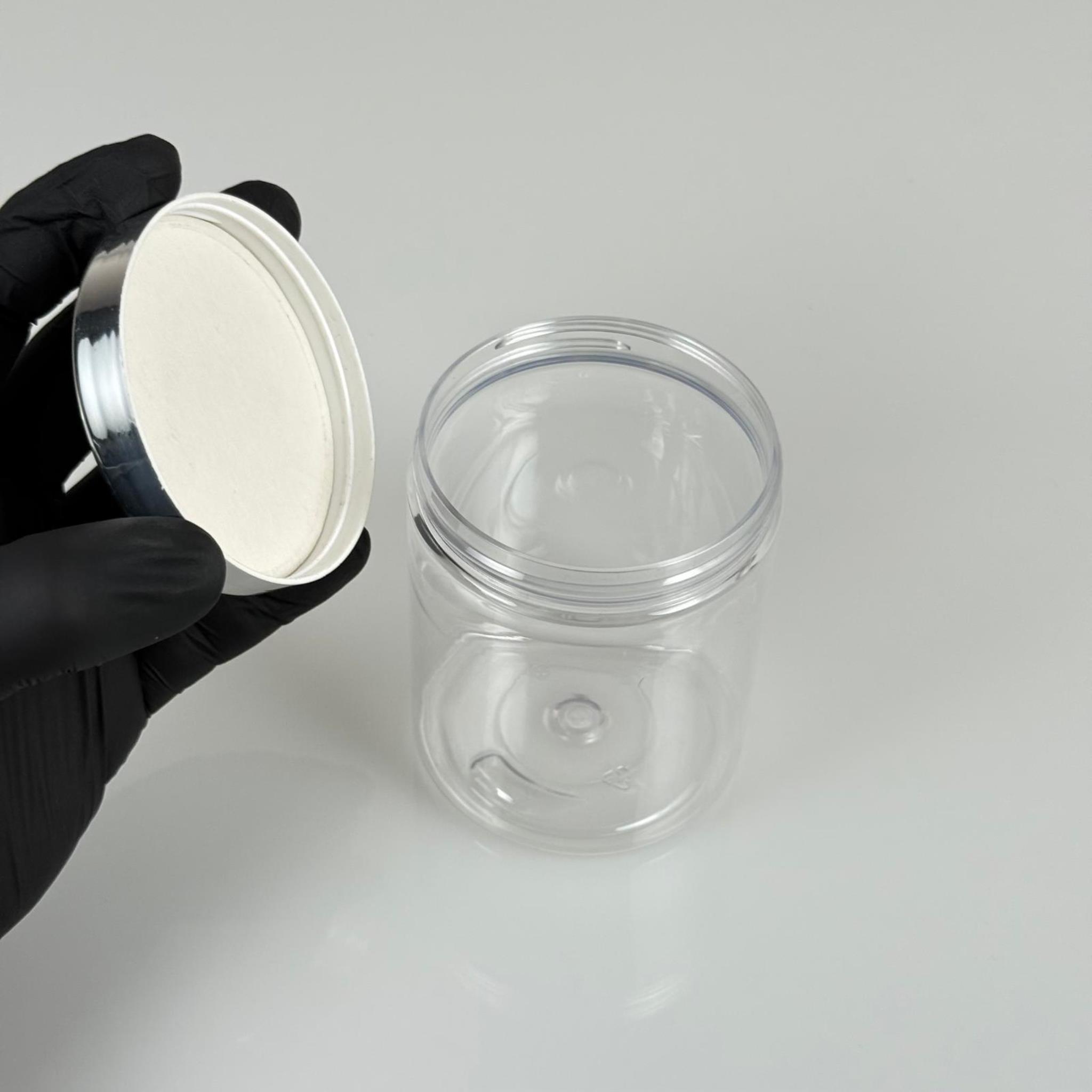 300 CC ŞEFFAF SERT PLASTİK KAVANOZ - GÜMÜŞ KAPLAMALI PLASTİK KAPAKLI - 300 ML PLASTİK KREM KAVANOZU