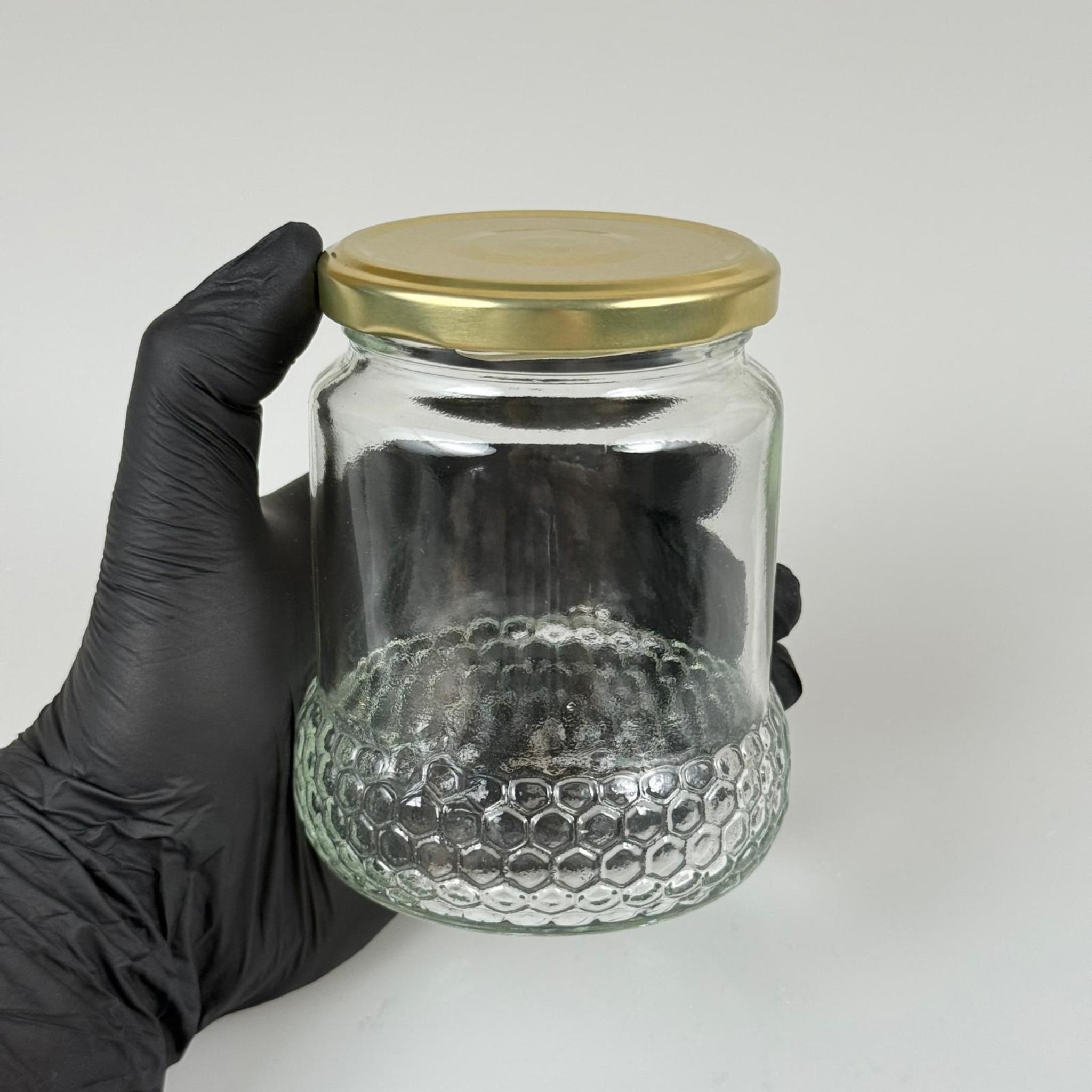 370 CC ÖZEL PETEK ŞEKLİNDE CAM BAL KAVANOZU + GOLD METAL KAPAK