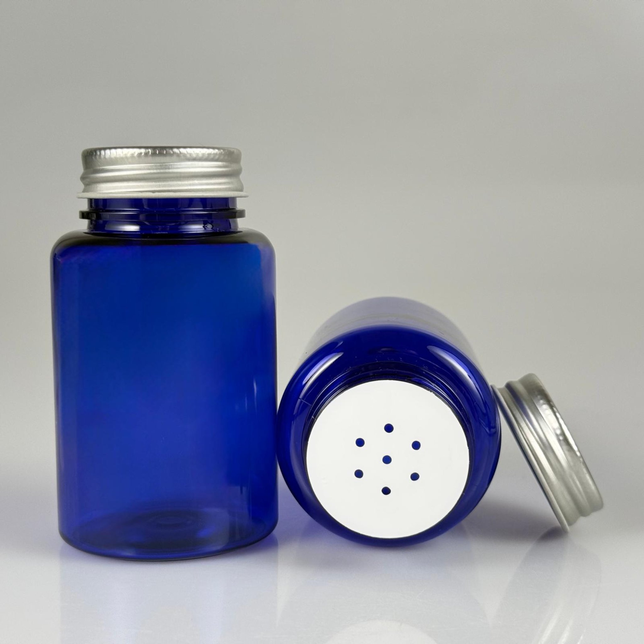 150 CC MAVİ PET PUDRA ŞİŞESİ + GÜMÜŞ METAL KAPAKLI + PUDRA TIPALI TAKIM - 150 ML PUDRA KUTUSU, EKO TUZLUK