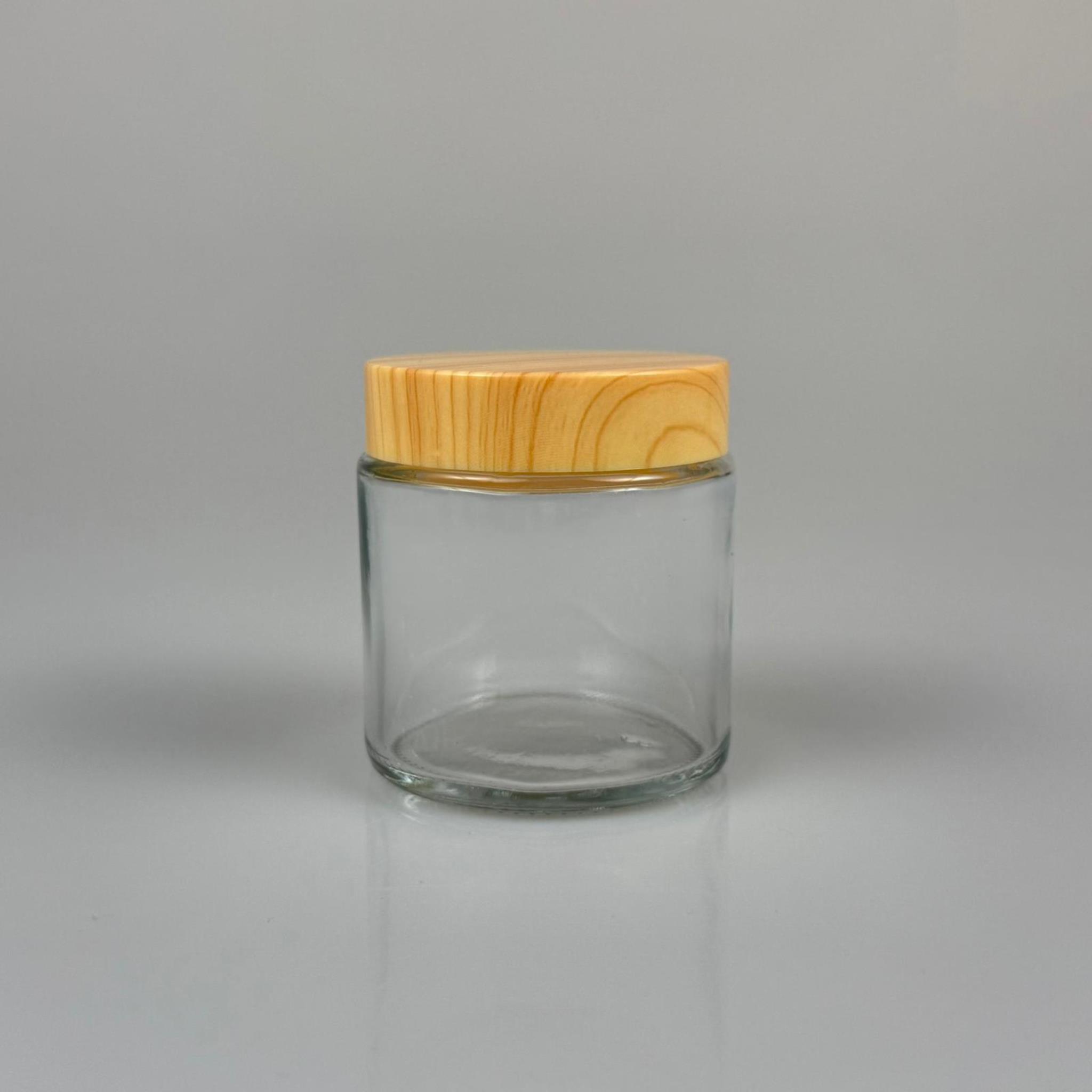 100 CC CAM ŞEFFAF KREM KAVANOZU - AHŞAP DESENLİ PLASTİK KAPAKLI İÇ CONTALI - 100 ML CAM KAVANOZ  - KOZMETİK KAVANOZ