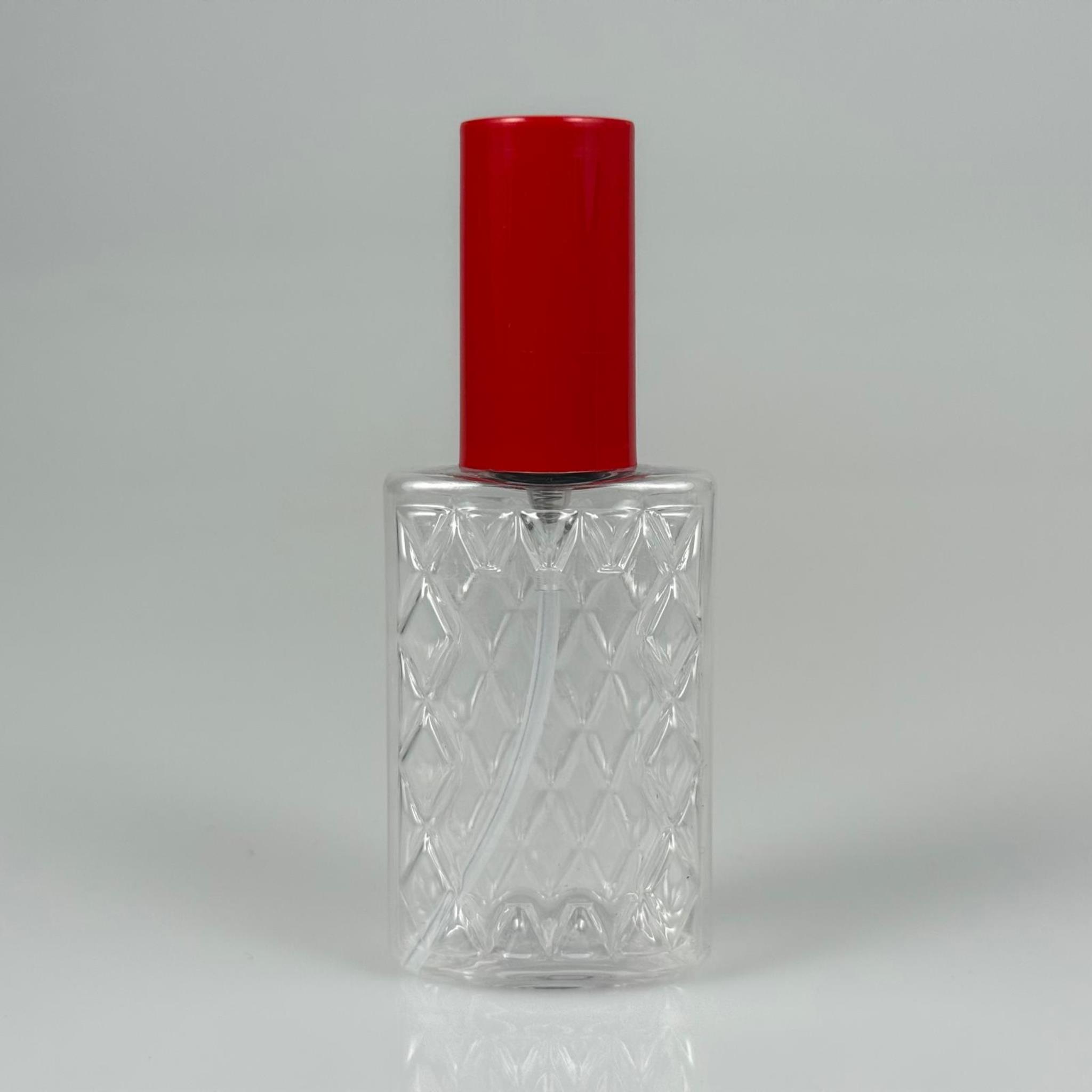 50 CC ŞEFFAF PET KÖŞELİ PARFÜM ŞİŞESİ - SİYAH SPREYLİ - KIRMIZI KORUMA KAPAKLI - 50 ML PLASTİK PARFÜM - KOLONYA ŞİŞESİ