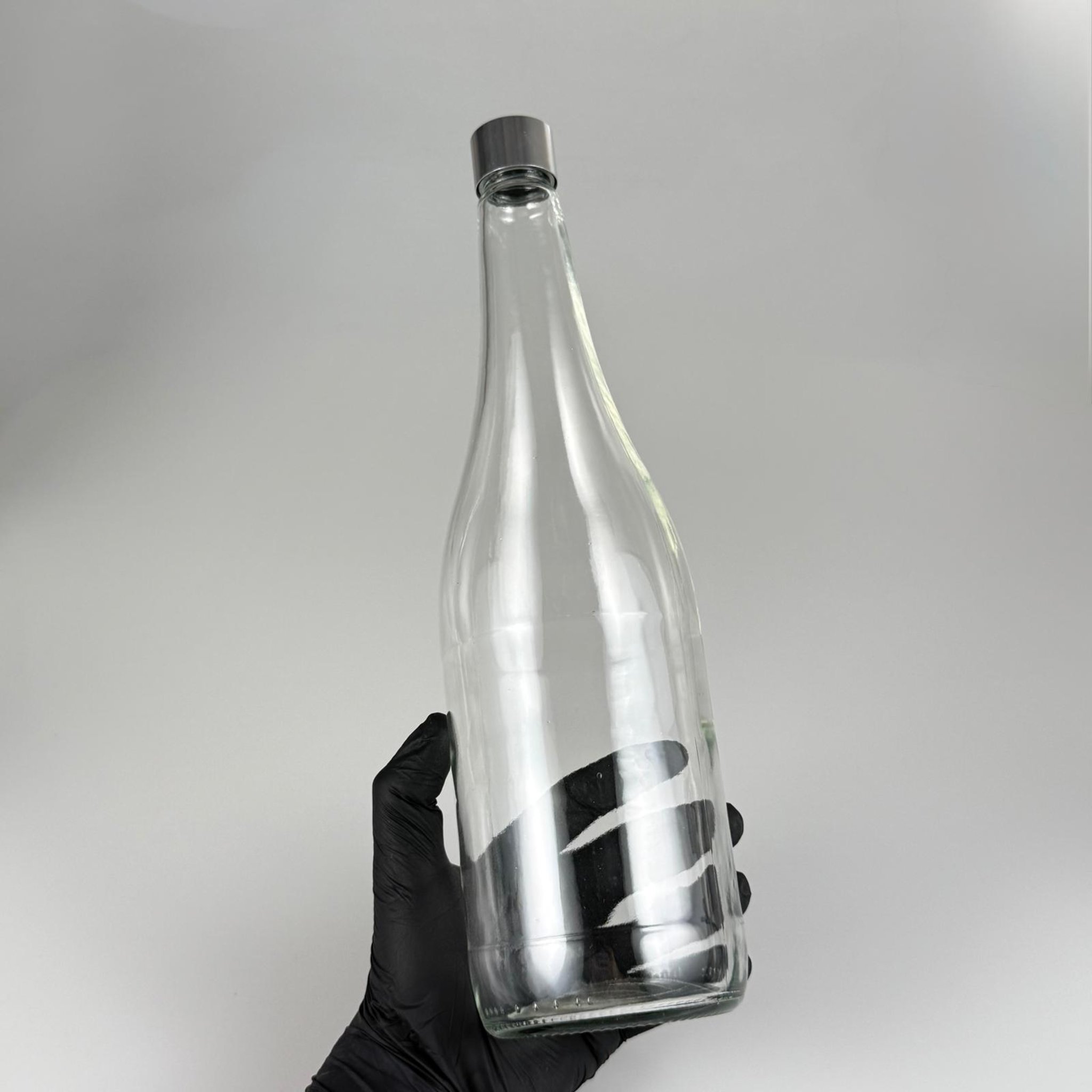 1000 CC ŞEFFAF CAM ŞERBET ŞİŞESİ + ALÜMİNYUM KAPLAMALI GÜMÜŞ KAPAKLI + KÖR TIPALI TAKIM - 1000 ML CAM ŞİŞE