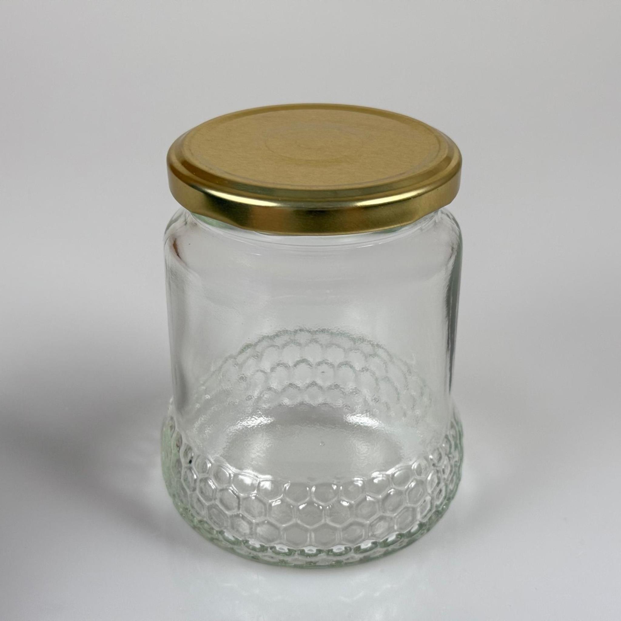 370 CC ÖZEL PETEK ŞEKLİNDE CAM BAL KAVANOZU + GOLD METAL KAPAK