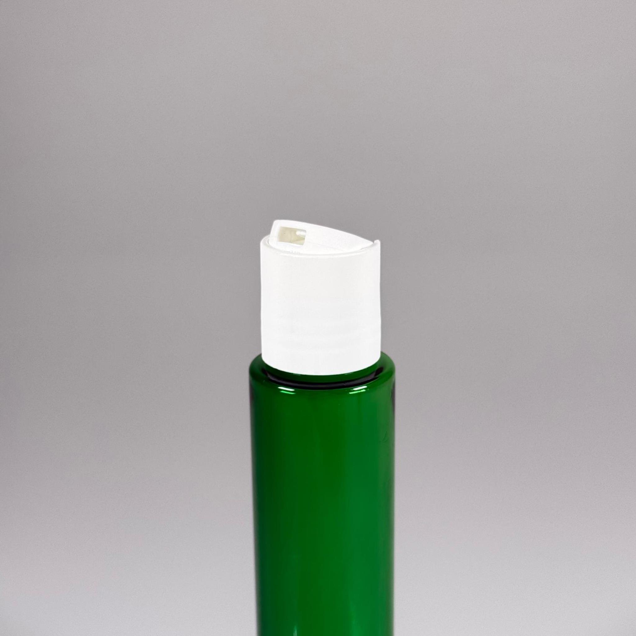 100 CC UZUN SİLİNDİR YEŞİL PET ŞİŞE (24 GR)  - BEYAZ DİSKTOP AKITICI ŞAMPUAN KAPAKLI - 100 ML BİBERİYE SUYU, LAVANTA YAĞI, SAÇ SERUM, TONİK VB İÇİN PLASTİK KOZMETİK AMBALAJLARI