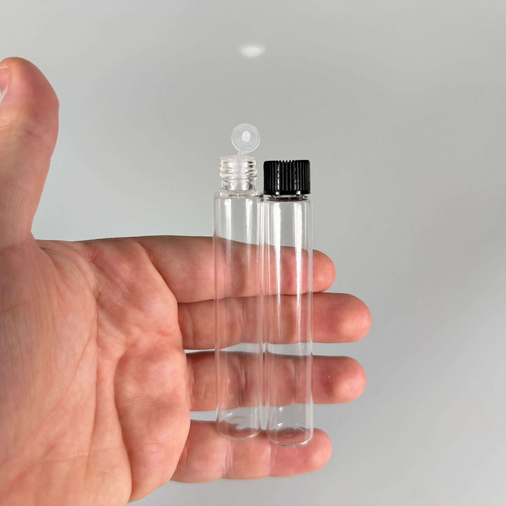 15 CC ŞEFFAF İNCE CAM ŞİŞE - SİYAH KAPAKLI + İÇTEN DAMLALIKLI - KAPAKSIZ 15 ML CAM ŞİŞE