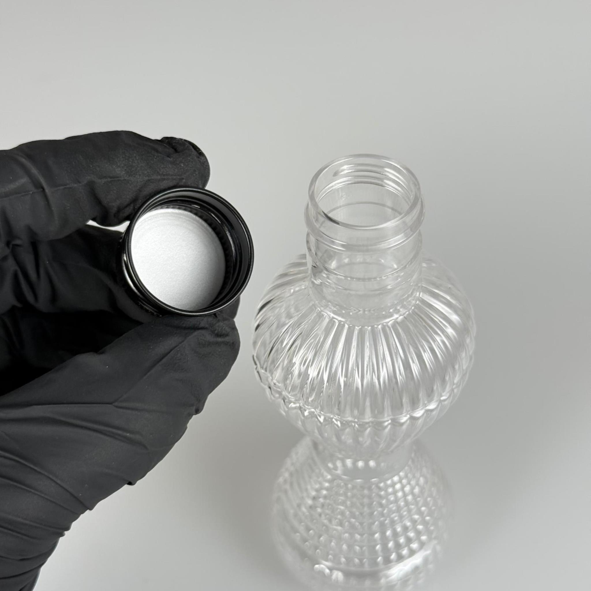100 CC PIRLANTA CAMPET ŞİŞE (24 AĞIZ) + KÖPÜK CONTALI SİYAH METAL ALÜMİNYUM KAPAK TAKIM - 100 ML CAMPET PLASTİK ŞİŞELER