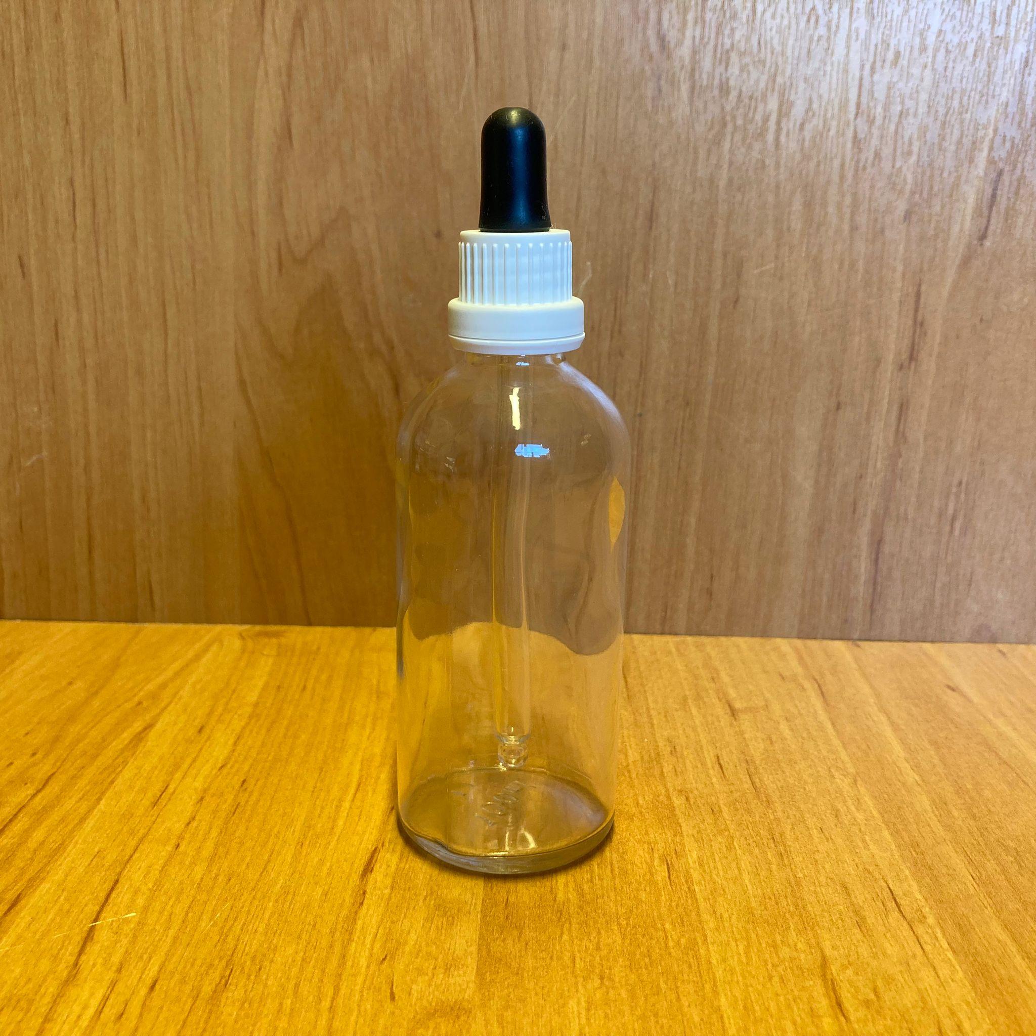 100 CC ŞEFFAF CAM DAMLALIKLI ŞİŞE - SİYAH EMZİK - BEYAZ KİLİTLİ PLASTİK KAPAK - 100 ML SAYDAM CAM DAMLALIKLI ŞİŞE
