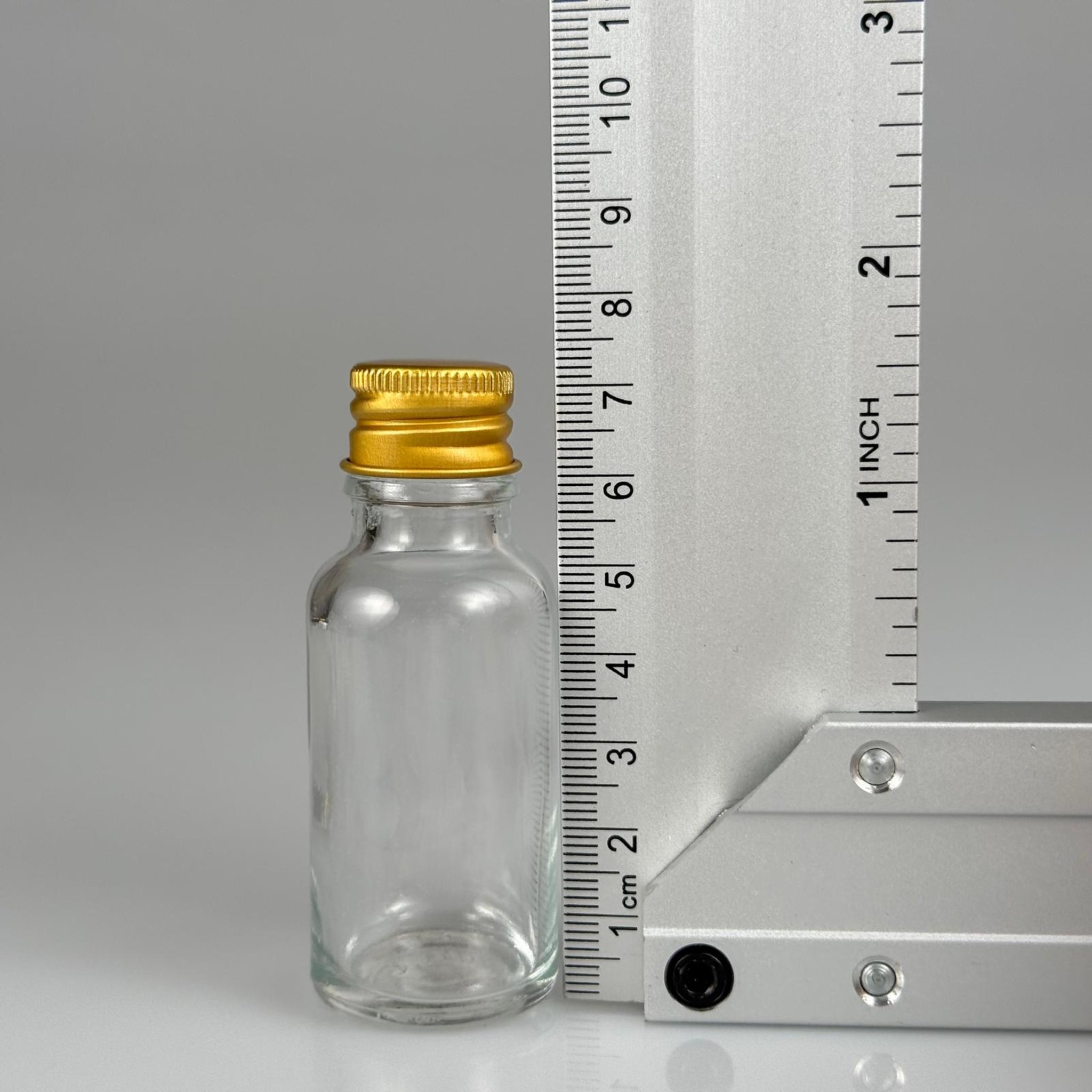 20 CC ŞEFFAF CAM ŞİŞE + KÖPÜK CONTALI GOLD ALÜMİNYUM METAL KAPAKLI + DAMLALIKLI KOLONYA TIPALI TAKIM - 20 ML ŞEFFAF CAM ŞİŞE