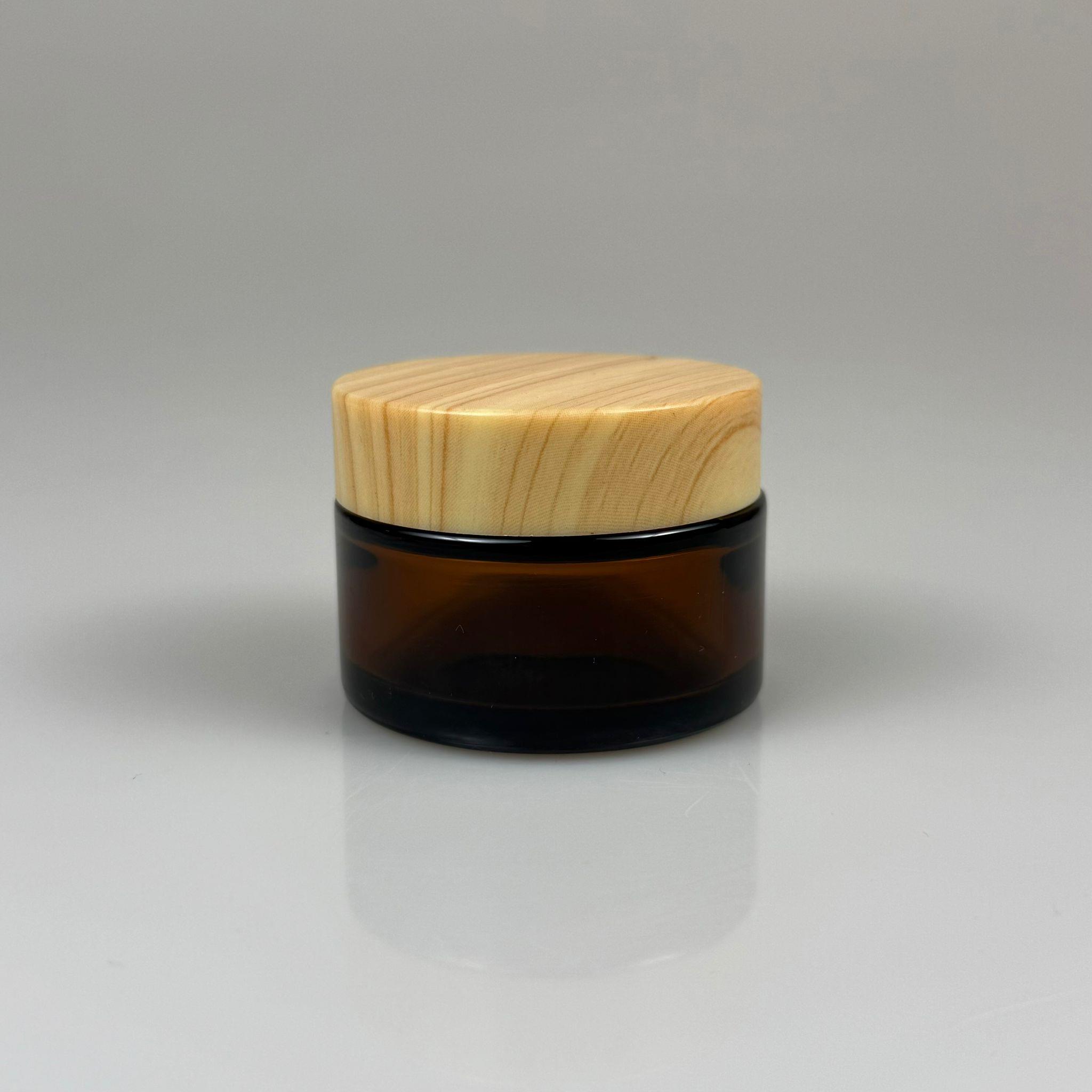 30 CC CAM AMBER KREM KAVANOZU - AHŞAP DESENLİ PLASTİK KAPAKLI İÇ CONTALI - 30 ML KAHVERENGİ CAM KAVANOZ  - KOZMETİK KAVANOZ