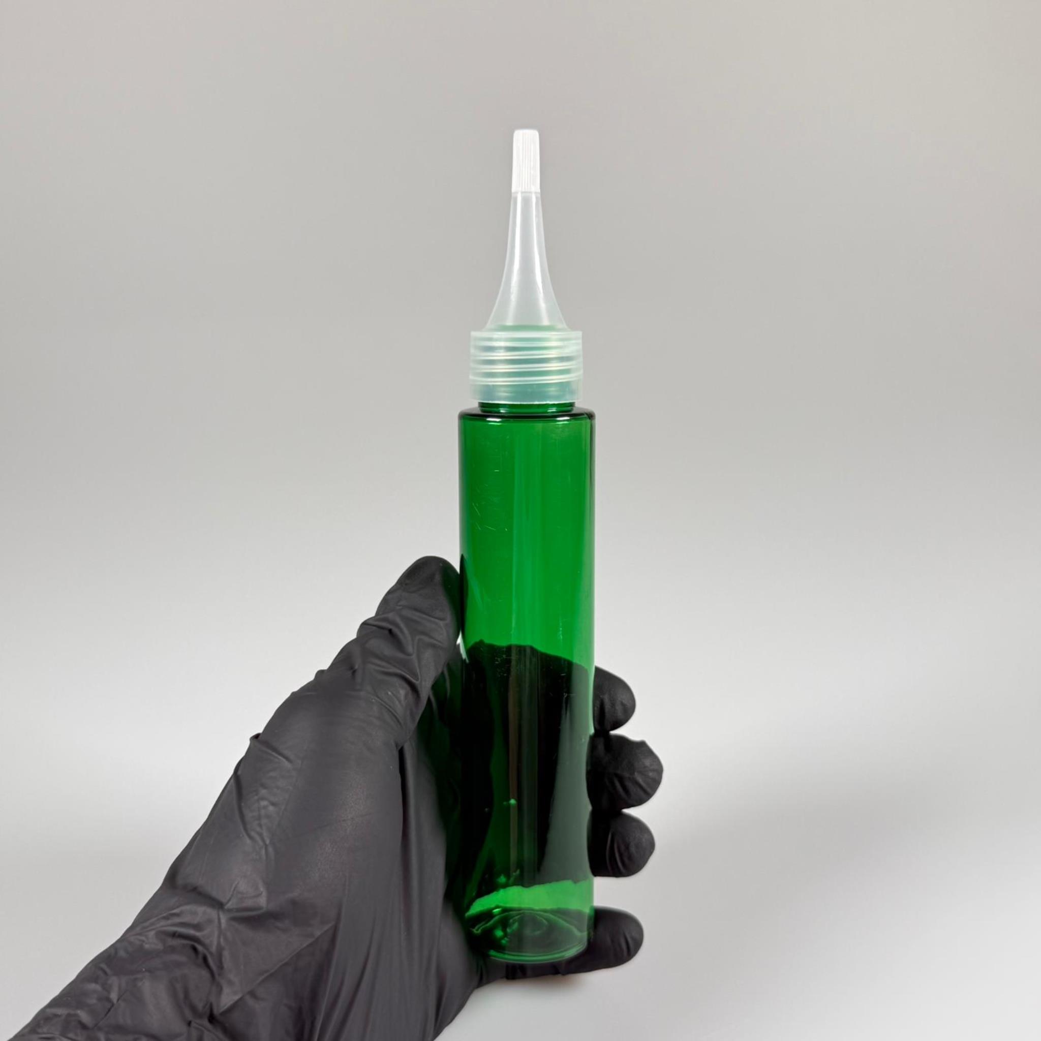 100 CC UZUN SİLİNDİR YEŞİL PET ŞİŞE (24 GR)  - ŞEFFAF SİVRİ AKITICI KAPAKLI - 100 ML BİBERİYE SUYU, LAVANTA YAĞI, SAÇ SERUM, TONİK VB İÇİN PLASTİK KOZMETİK AMBALAJLARI